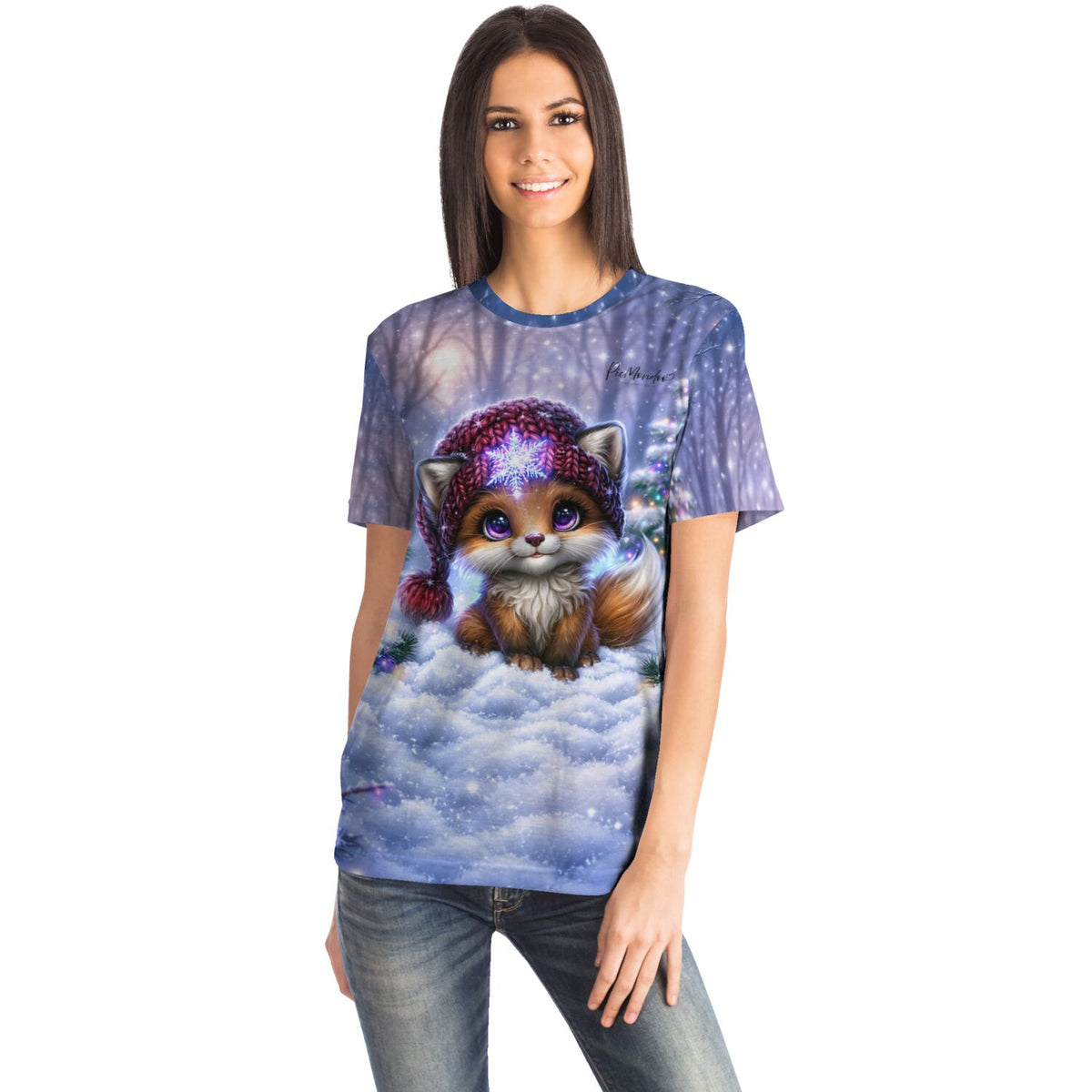 Frau trägt Dreamer T-Shirt mit süßem Fuchs-Motiv im Winterzauber-Design, passend zu Diamond Painting und Malen nach Zahlen