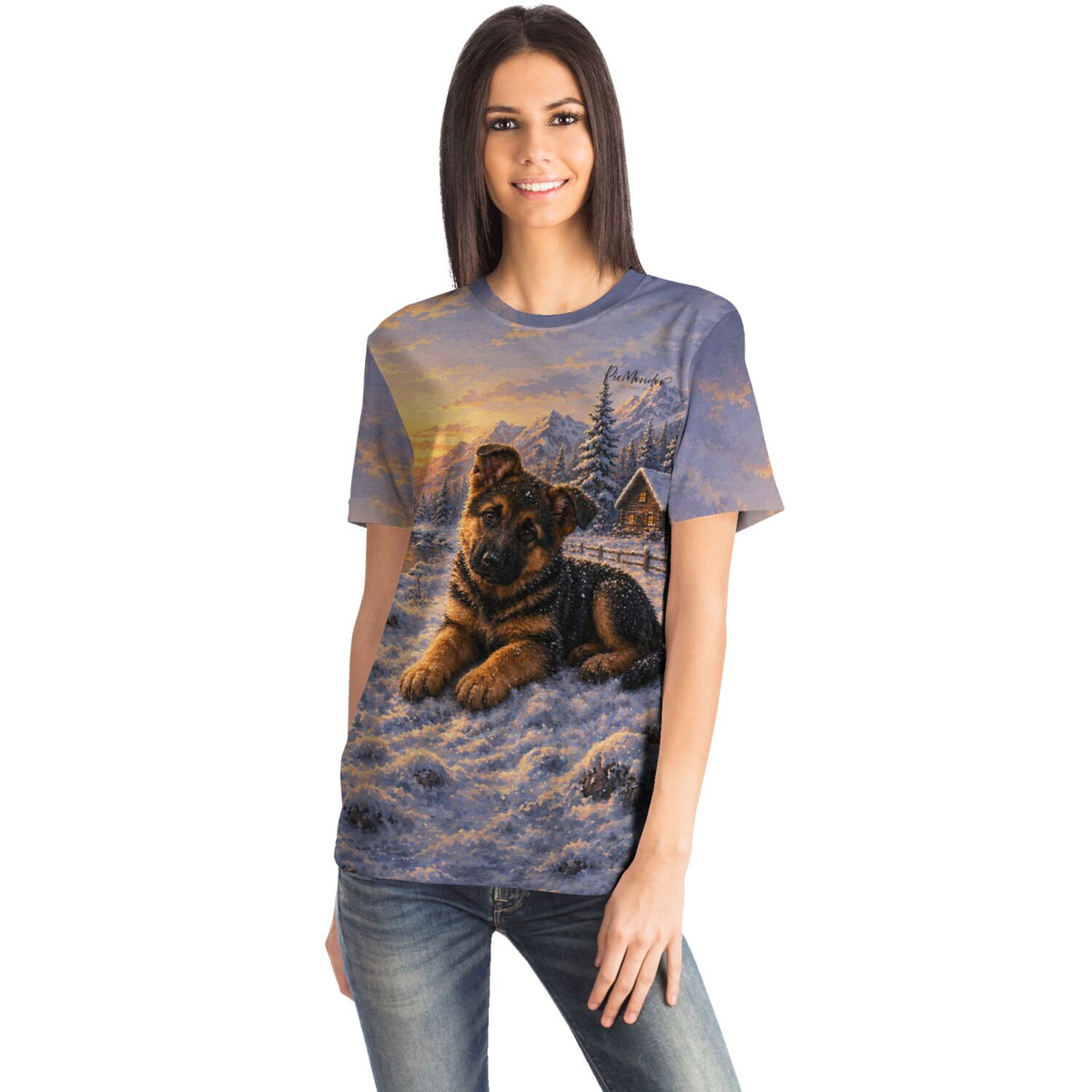 Frau trägt T-Shirt mit Motiv Lokis erster Winter, inspiriert von Diamond Painting und Malen nach Zahlen Designs