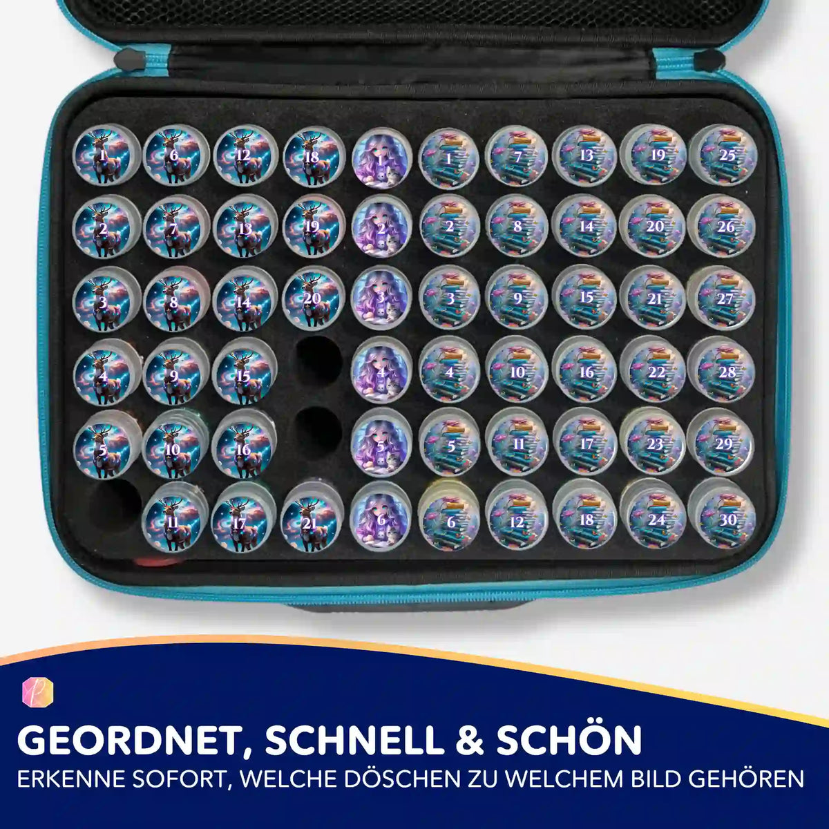 Diamond Painting Aufbewahrungsdose mit nummerierten Motiv-Aufklebern zur geordneten Steinsortierung im Zubehör-Set.