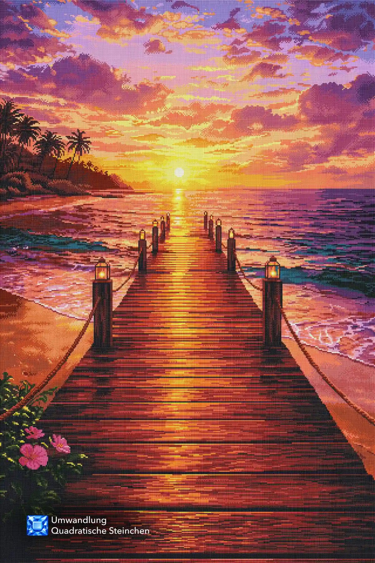 XXL Diamond Painting mit romantischem Sonnenuntergang, Holzsteg am Meer und Palmen in warmem Licht.