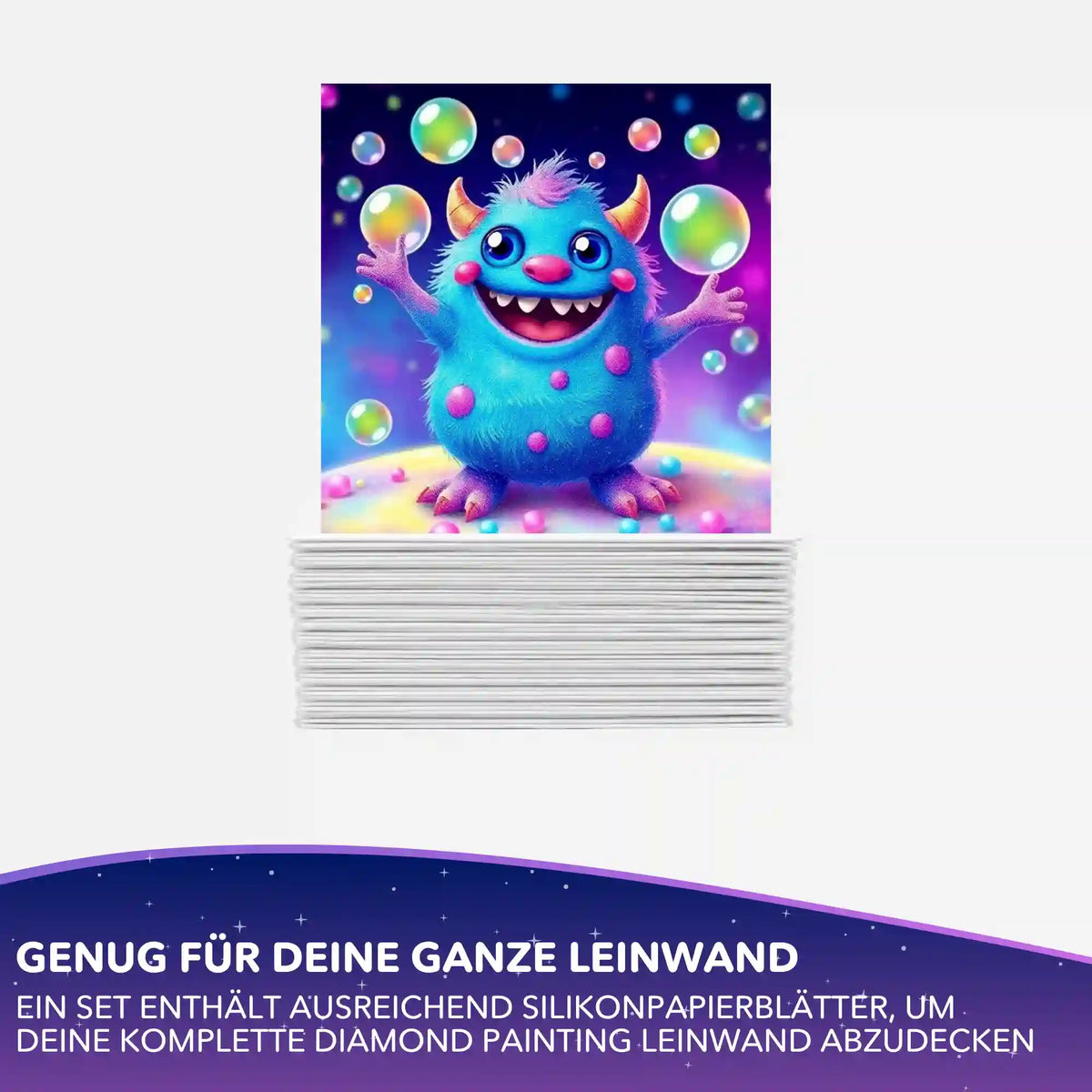 Silikonpapier Set für Diamond Painting mit buntem Monster-Motiv Happy zum Abdecken der Leinwand