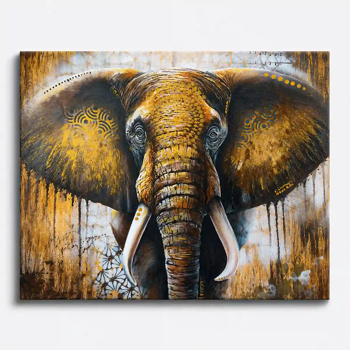 Malen nach Zahlen Erwachsene: Majestätischer Elefant mit goldenen Mustern auf Leinwand.
