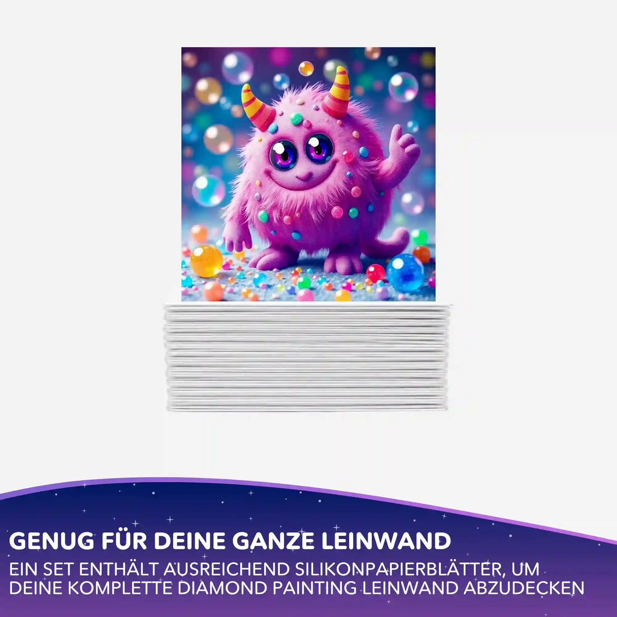 Picmondoo Silikonpapier-Set für Diamond Painting mit pinkem Monster-Motiv Rolli und Seifenblasen