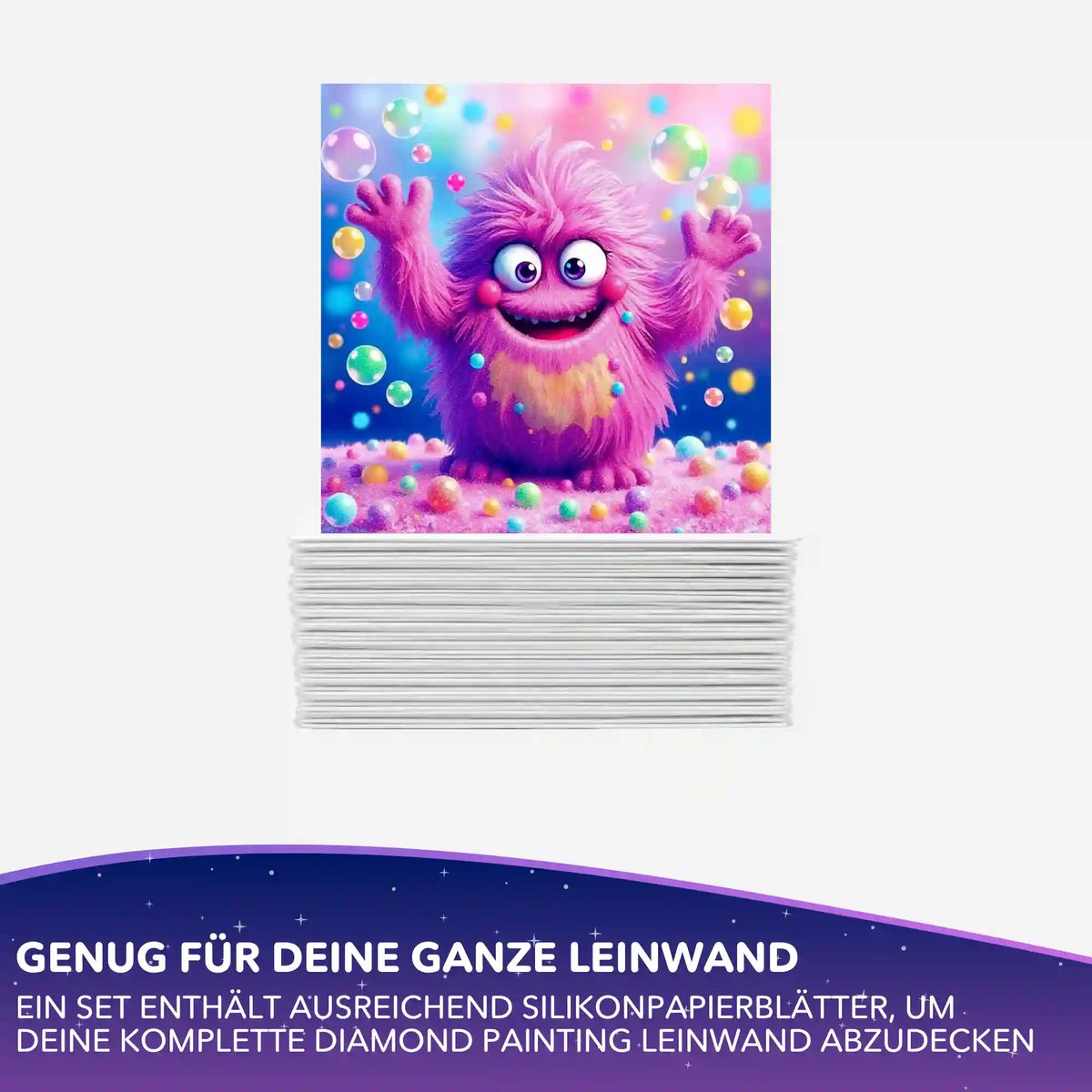 Silikonpapier Set für Diamond Painting: Stapel Abdeckblätter mit buntem Monster-Motiv Eckbert