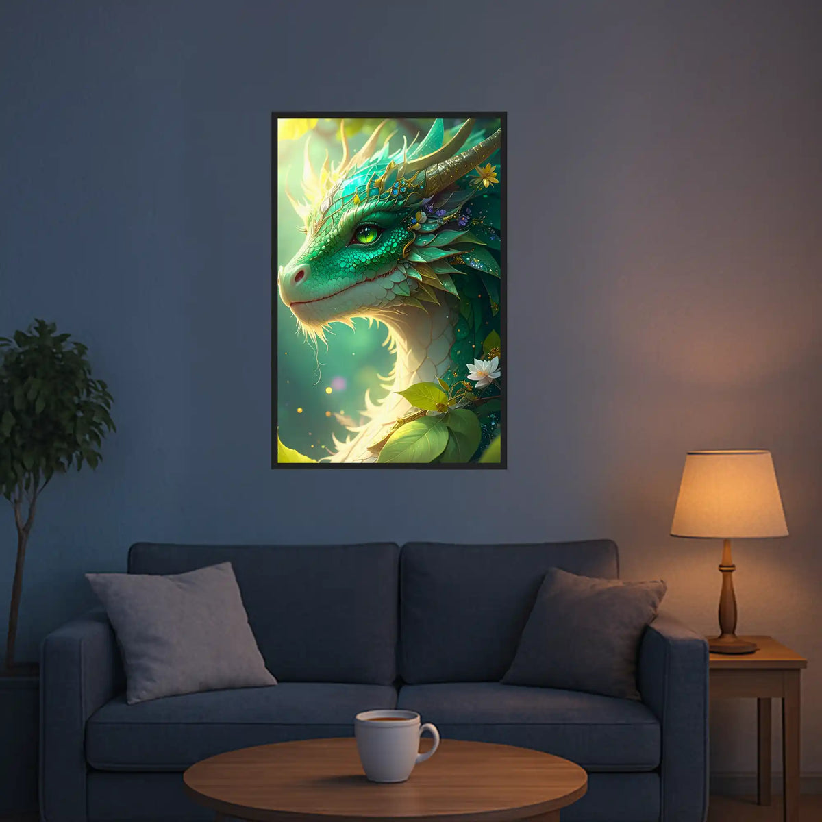 Diamond Painting Set Hüter des Smaragdwaldes: Magischer grüner Drache mit detailreichen Schuppen und Blumen als Wandbild