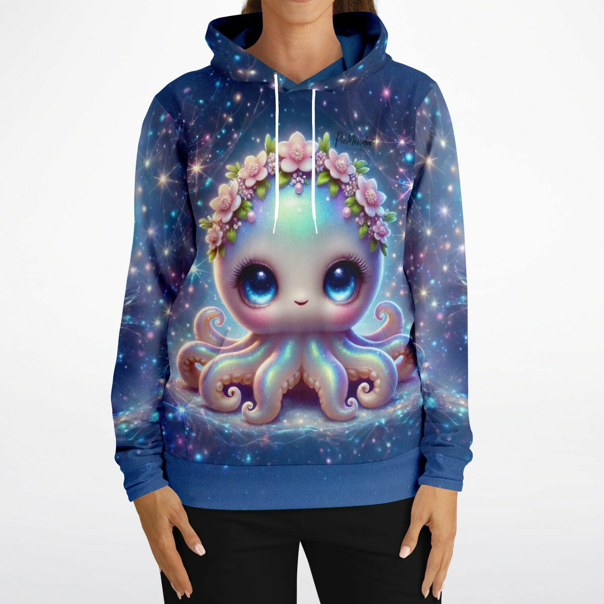 Dreamer Hoodie mit niedlichem Oktopus-Motiv, Blumenkranz und magischem Galaxie-Print im pacmondoo.comsign