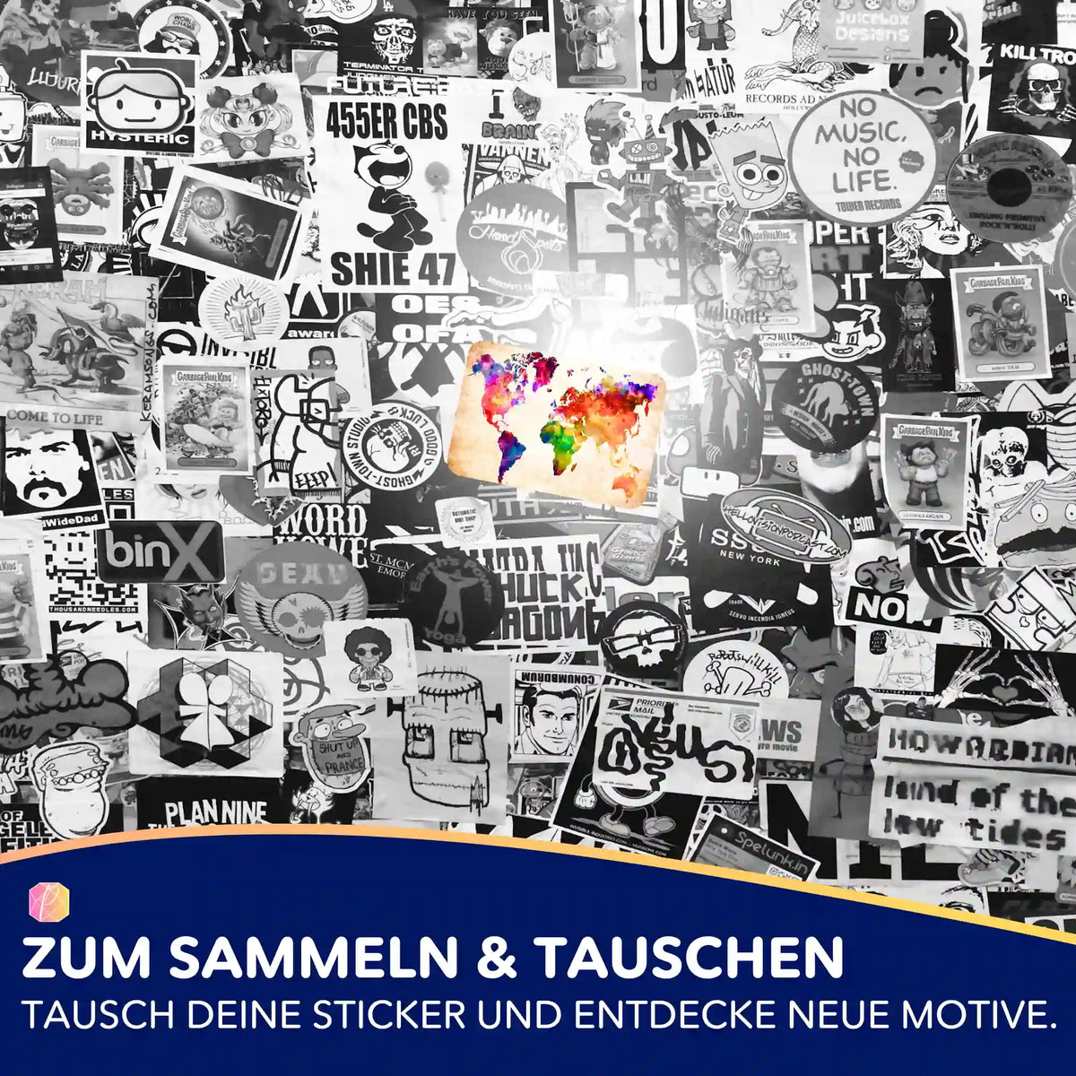 Buntes Weltkarte Sticker-Motiv aus dem Picmondoo Diamond Painting Zubehör-Set zur Organisation deiner Bastelprojekte.