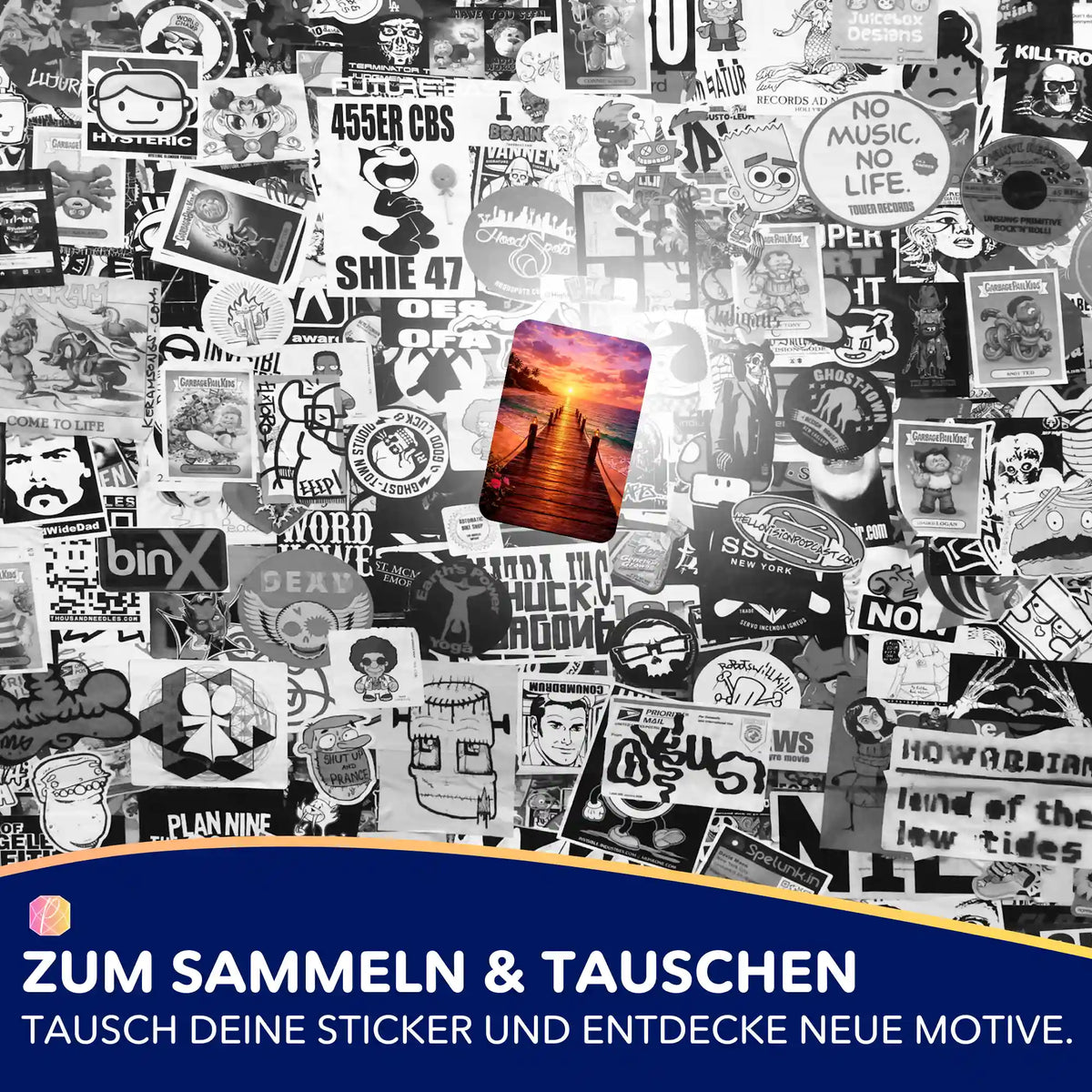 Farbiger Aufkleber mit Sonnenuntergang am Steg auf einer Wand voller schwarz-weißer Sticker für Diamond Painting Fans.