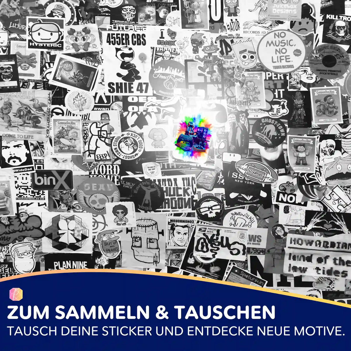 Farbenfroher Gaming Zone Aufkleber aus dem Picmondoo Diamond Painting Set zwischen schwarz-weißen Stickern
