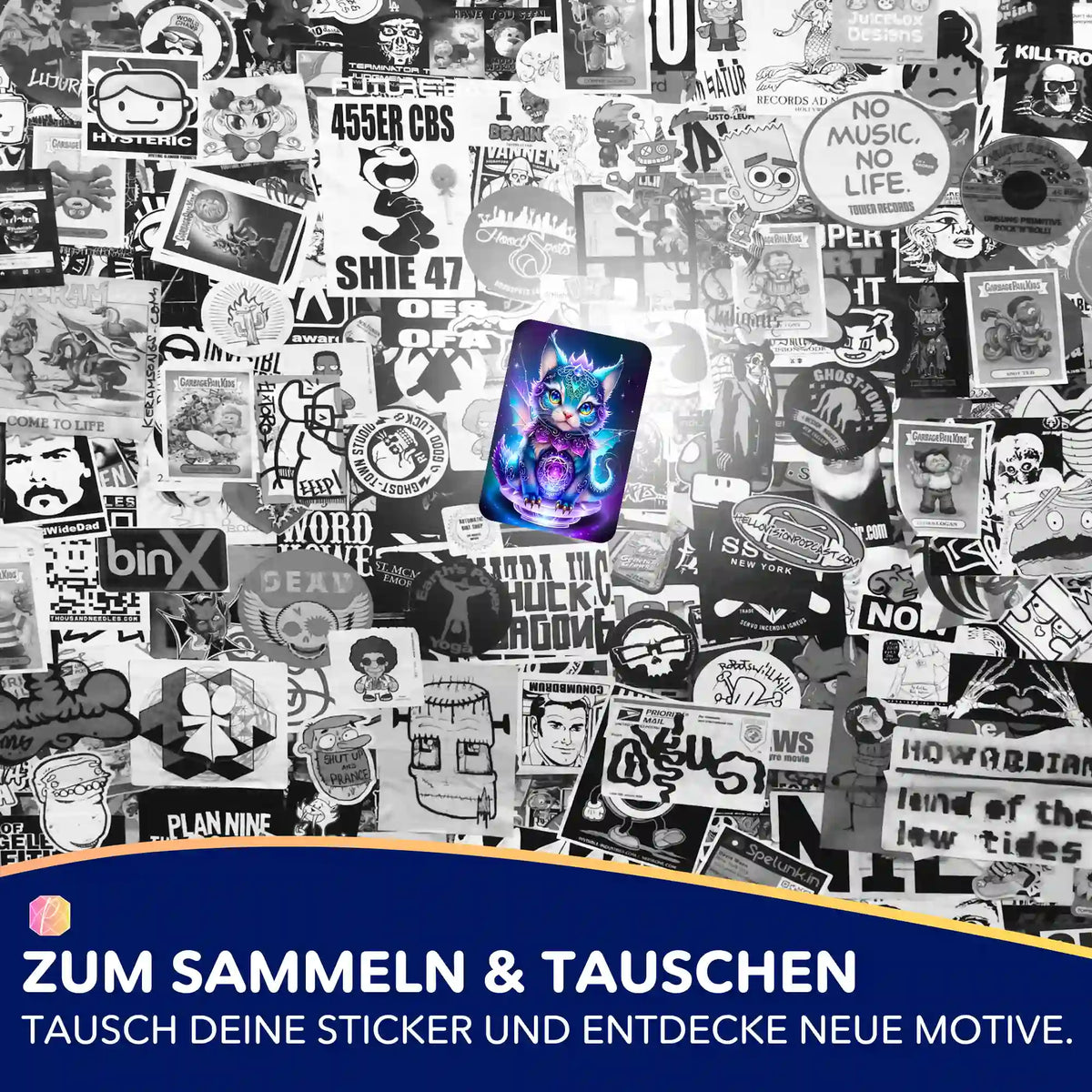 Mystical Kitty Sticker als farbenfrohes Highlight vor schwarz-weißem Hintergrund für Diamond Painting Fans von Picmondoo