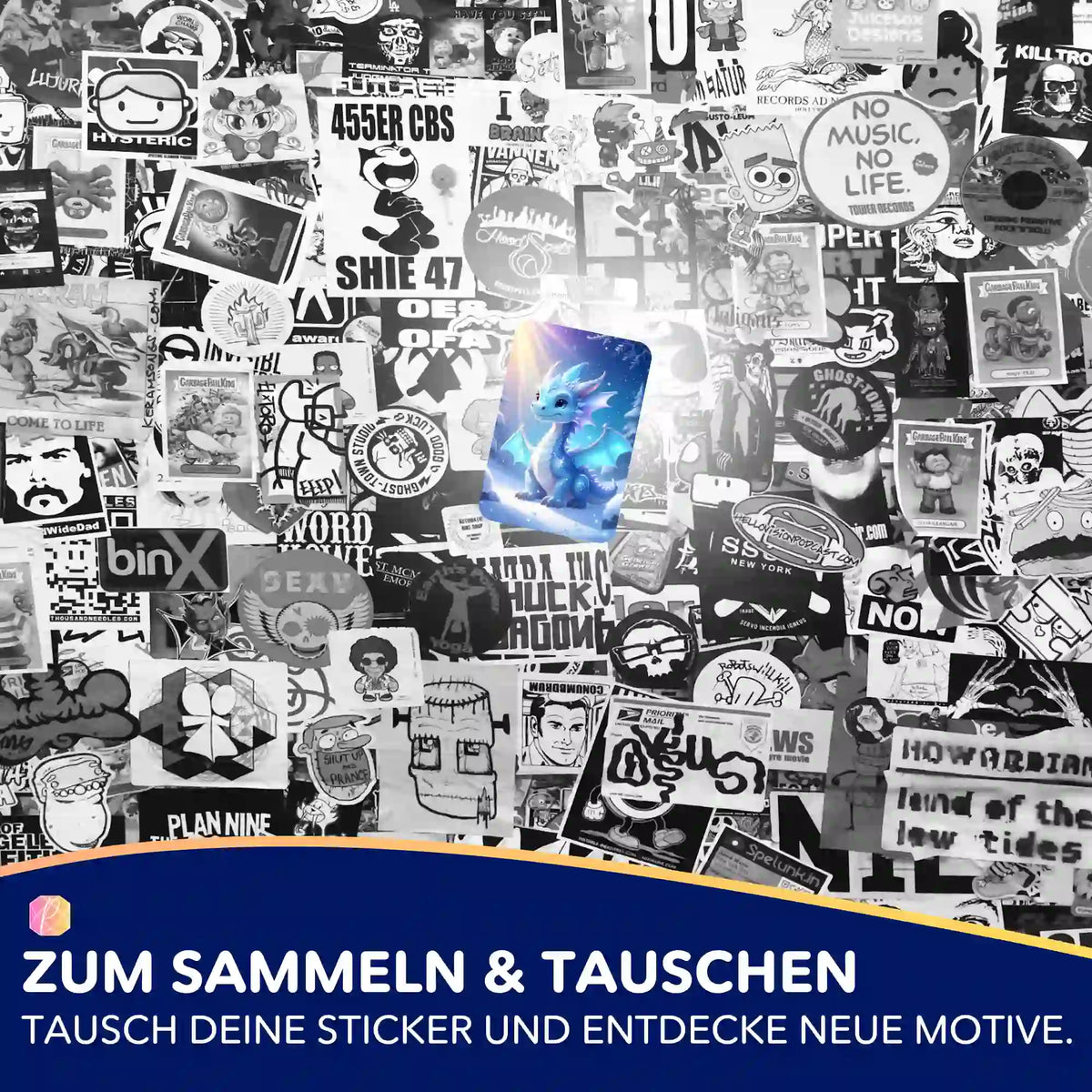 Bunter Diamond Painting Aufkleber mit Drachenmotiv auf einer Collage aus schwarz-weißen Stickern für Bastelfans