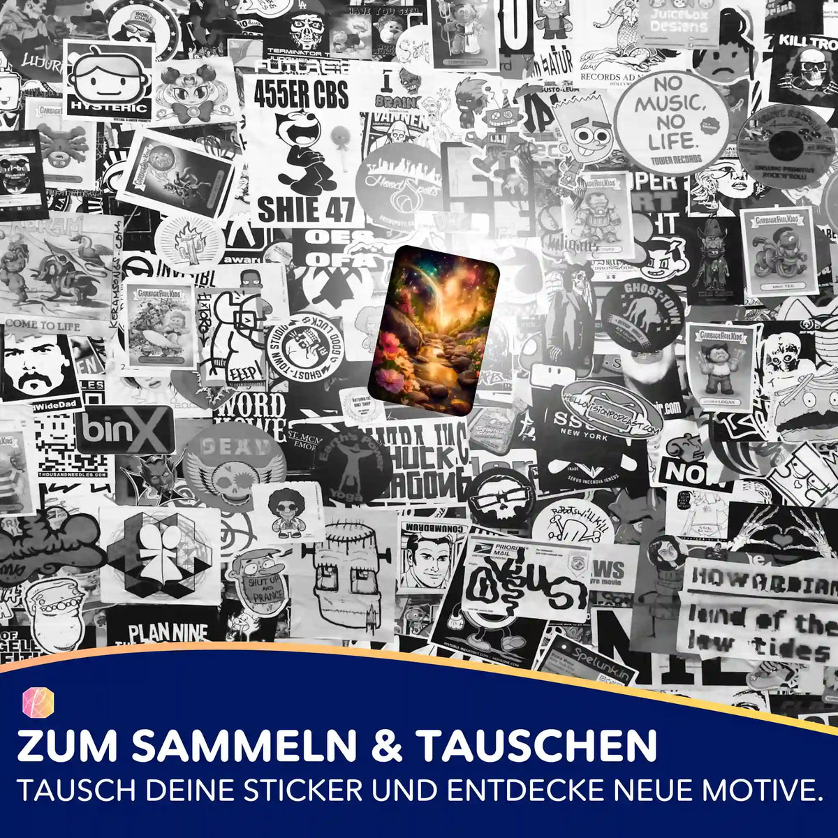 Farbiger Diamond Painting Aufkleber mit Landschaftsmotiv inmitten einer schwarz-weißen Sticker-Collage für Hobby-Fans.