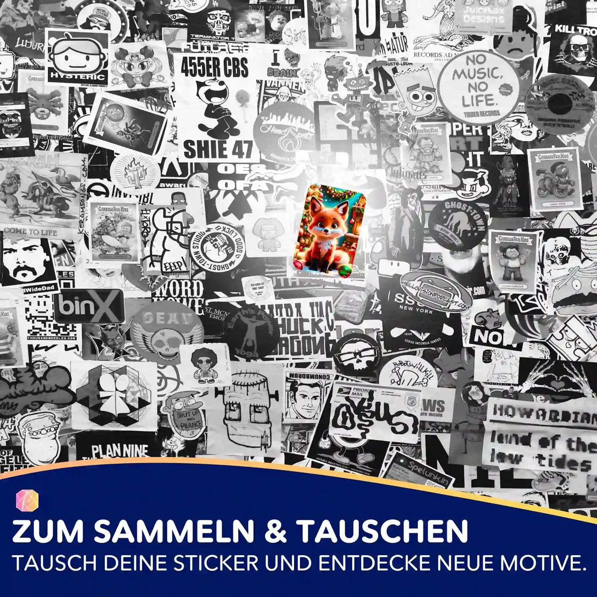 Foxy Aufkleber aus dem Picmondoo Diamond Painting Zubehör-Set auf einer schwarz-weißen Collage als Deko für Bastel-Fans.