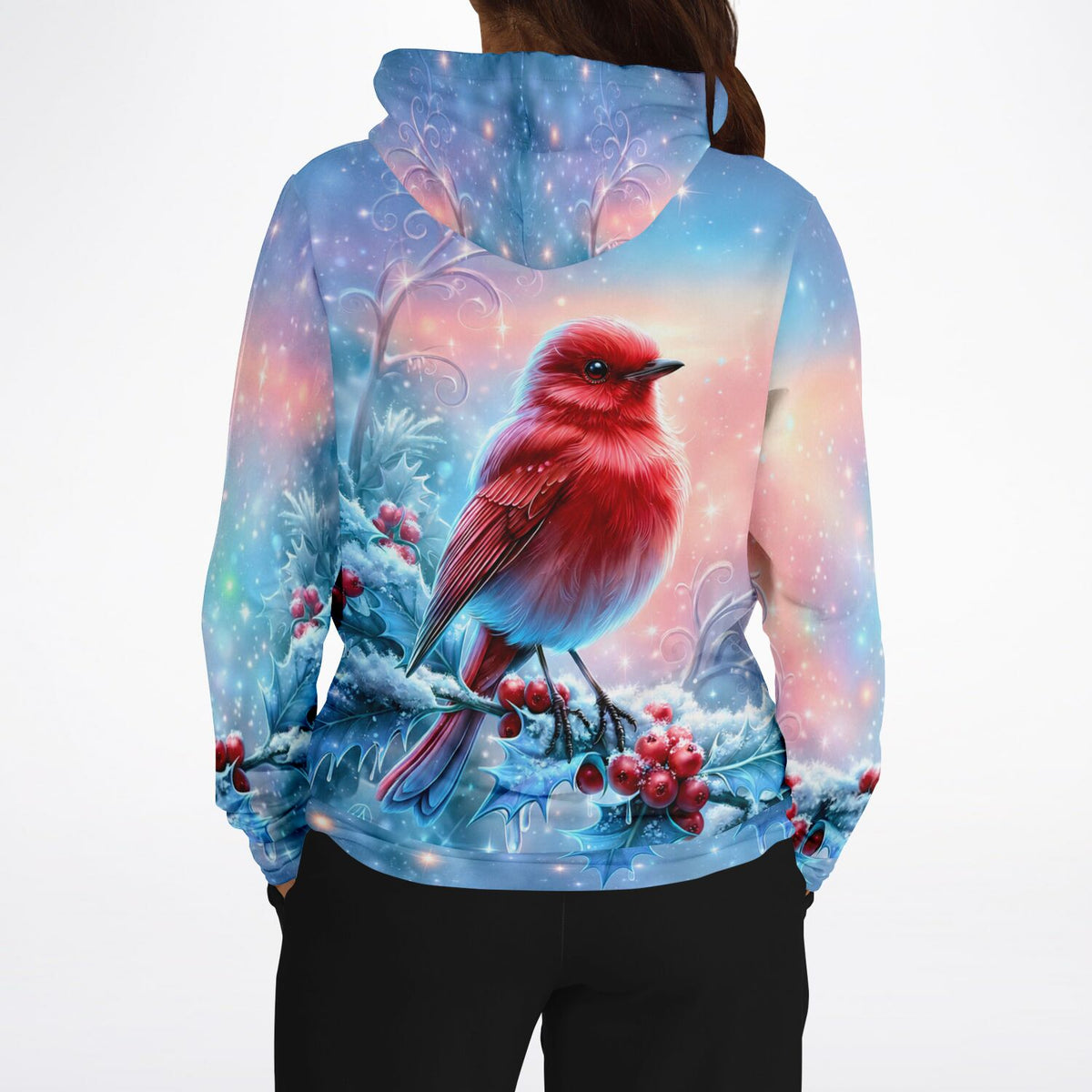 Dreamer Hoodie mit Motiv Feuerherz im ersten Frost, leuchtender roter Vogel auf verschneitem Ast im Winterdesign.