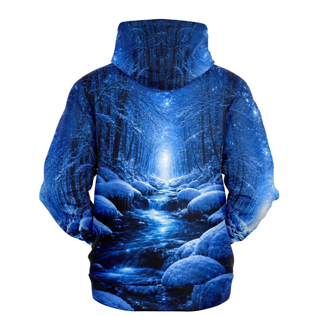 Dreamer Hoodie mit blauem Winterwald-Motiv und glitzerndem Bachlauf, inspiriert von Diamond Painting Kunstwerken.