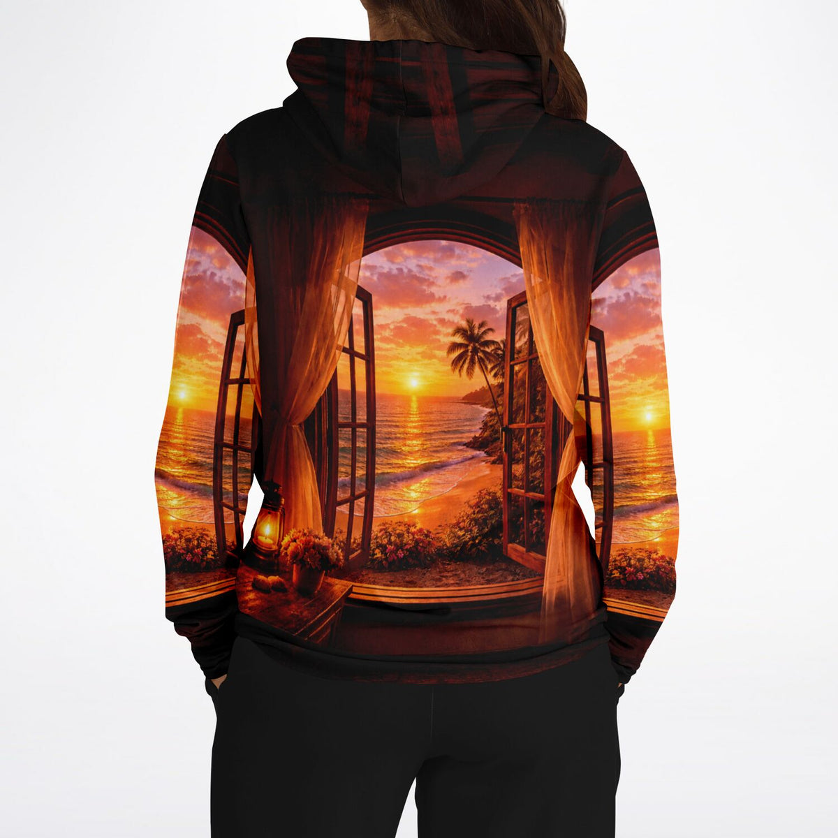 Dreamer Hoodie mit stimmungsvollem Sonnenuntergang am Strand, AOP-Druck ähnlich wie bei Malen nach Zahlen Motiven.
