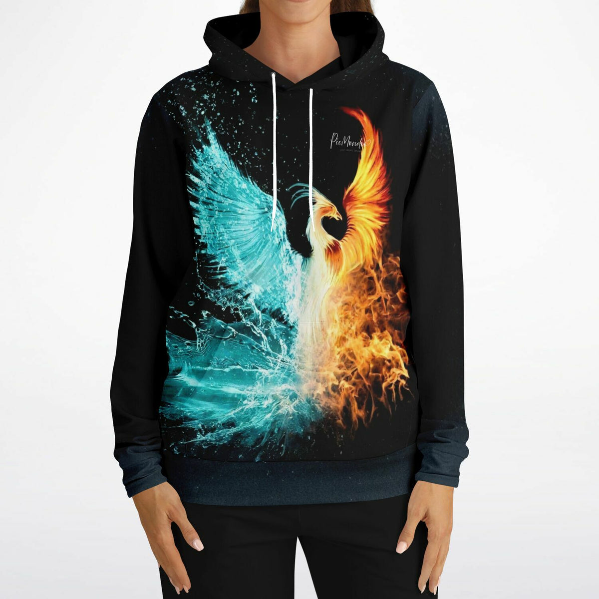 Schwarzer Dreamer Hoodie mit Phönix aus Feuer und Wasser Elementen, passend zum künstlerischen pacmondoo.comsign-Stil.
