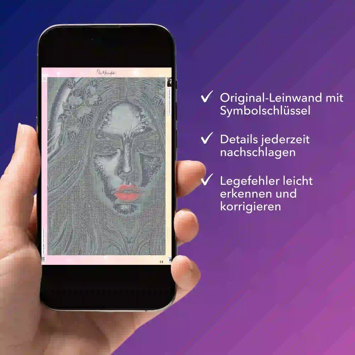 Digitale Diamond Painting Bildmappe auf Smartphone zur Kontrolle von Vorlagen und Symbolschlüsseln bei DIY-Sets