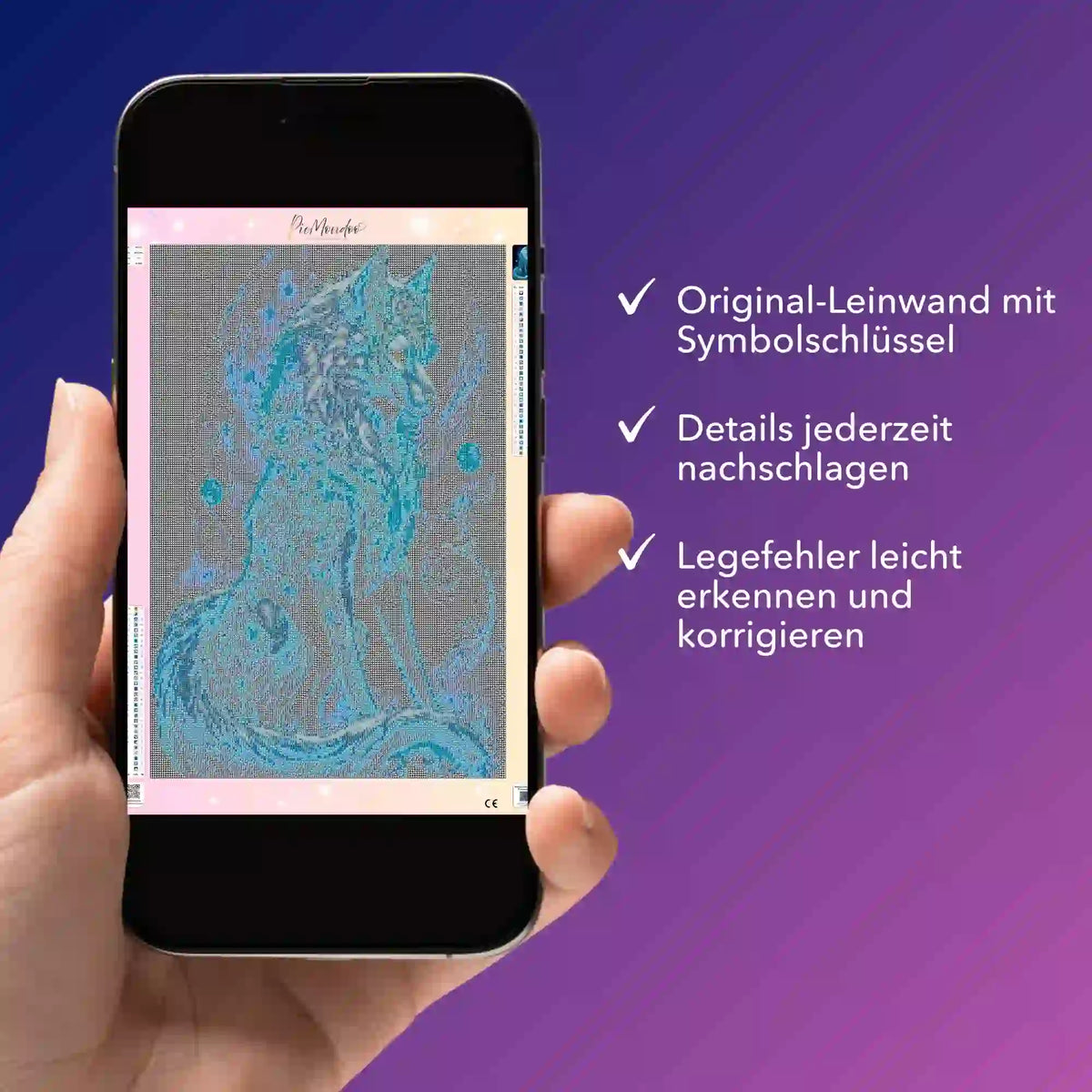 Smartphone mit digitaler Diamond Painting Vorlage für das Motiv Verzauberter Wolf zur Kontrolle von Legefehlern