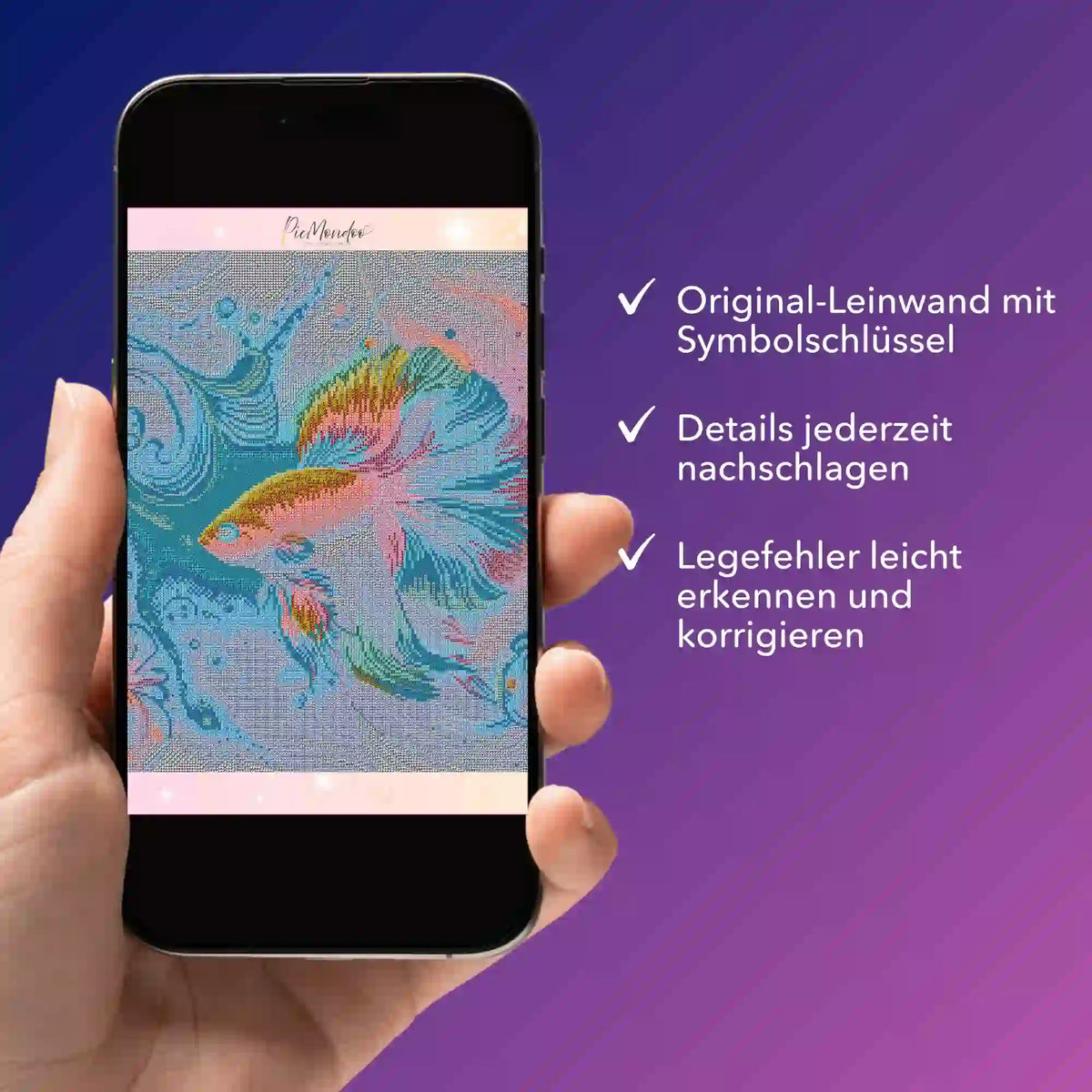 Digitale Diamond Painting Bildmappe als PDF auf Smartphone zur Kontrolle von Motivdetails und Legefehler