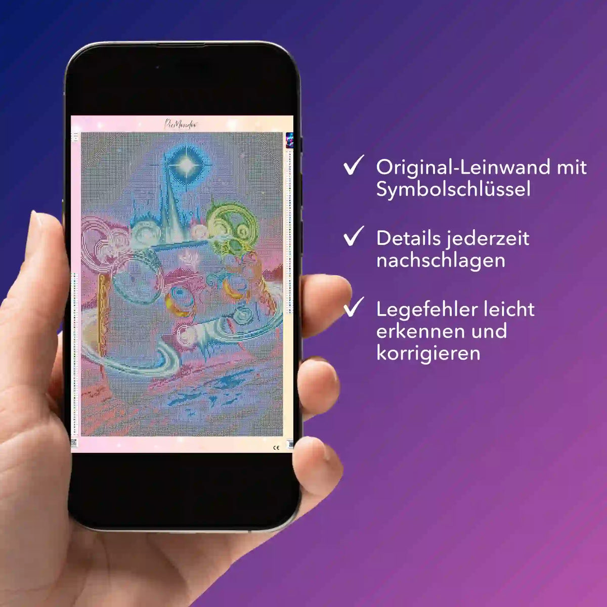 Digitale Diamond Painting Bildmappe auf Smartphone zur Kontrolle von Leinwand Details und Symbolsclüssel