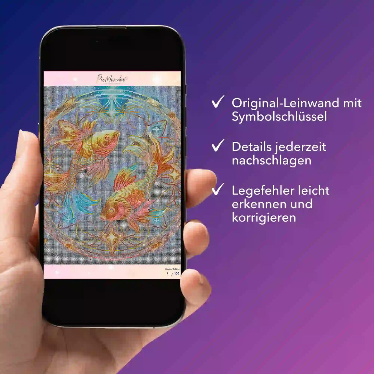 Digitale Diamond Painting Bildmappe als PDF für Sternzeichen Fisch Motiv zur einfachen Kontrolle für Erwachsene.