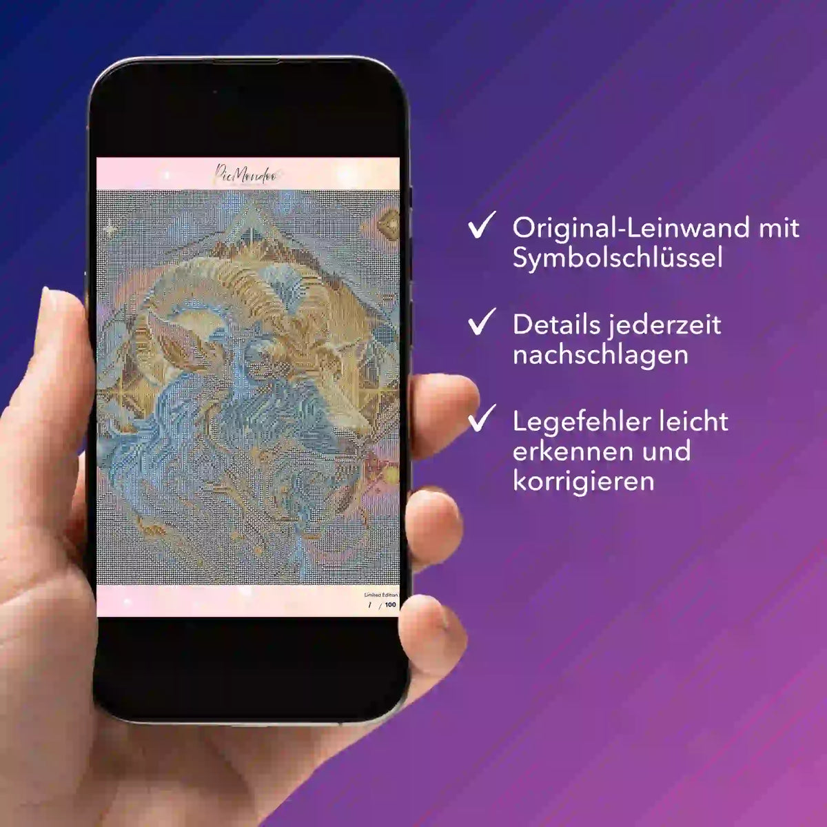 Digitale Diamond Painting Bildmappe für das Motiv Sternzeichen Steinbock auf dem Smartphone als praktische Hilfestellung.