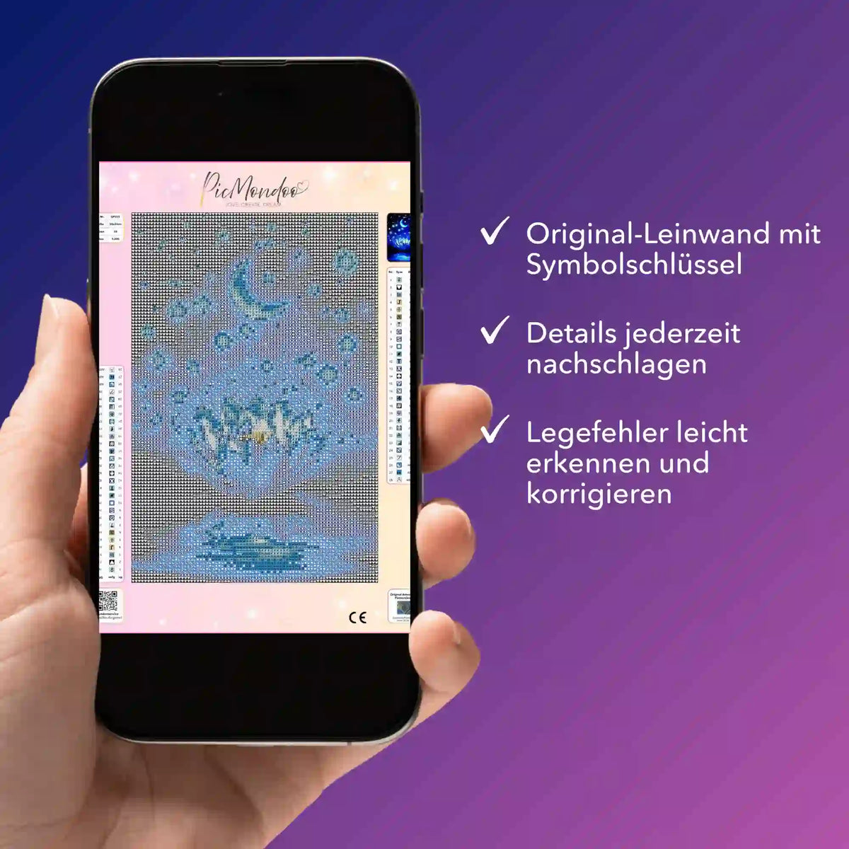 Digitale Diamond Painting Vorlage als PDF auf Smartphone mit Symbolschlüssel für das blaue Seerose Motiv