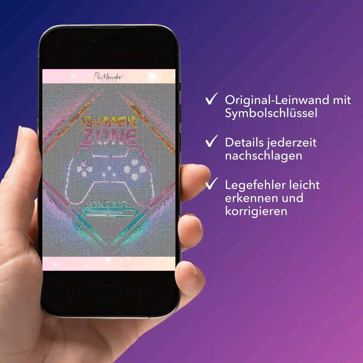 Digitale Diamond Painting Bildmappe für Gamer Zone Motiv auf Smartphone für einfache Korrektur von Legefehlern