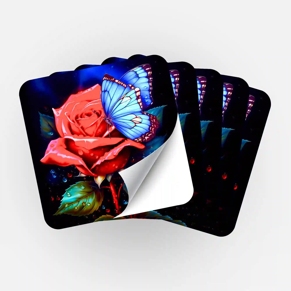 Aufkleber 5er-Set - Rote Rose trifft blauen Schmetterling
