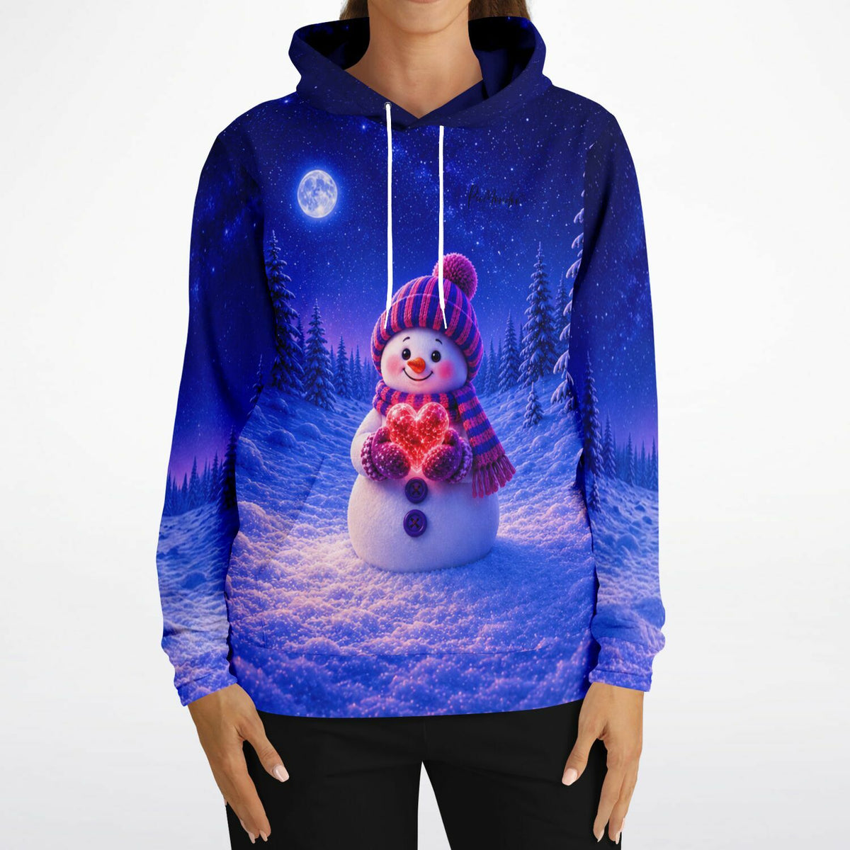 Dreamer Hoodie Winterherz mit Schneemann Motiv, inspiriert von Diamond Painting Ästhetik und weihnachtlicher Nachtlandschaft