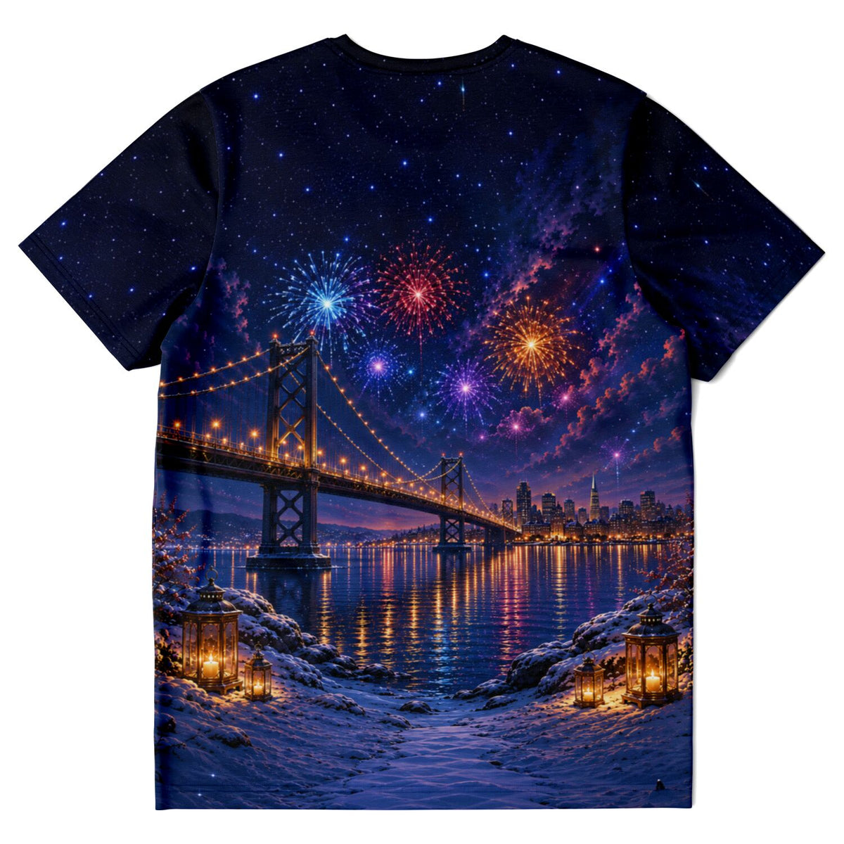 T-Shirt mit Diamond Painting Motiv: Nächtliche Brücke, Feuerwerk und Laternen in einer verschneiten Winterlandschaft