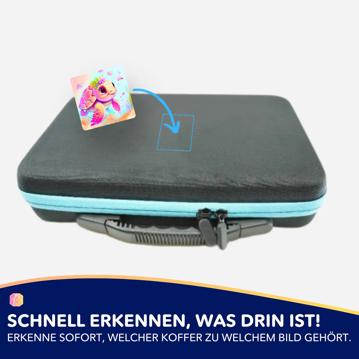 Kunterbunter Schildkröten-Sticker zur Kennzeichnung von Diamond Painting Koffern für mehr Ordnung im Hobby.