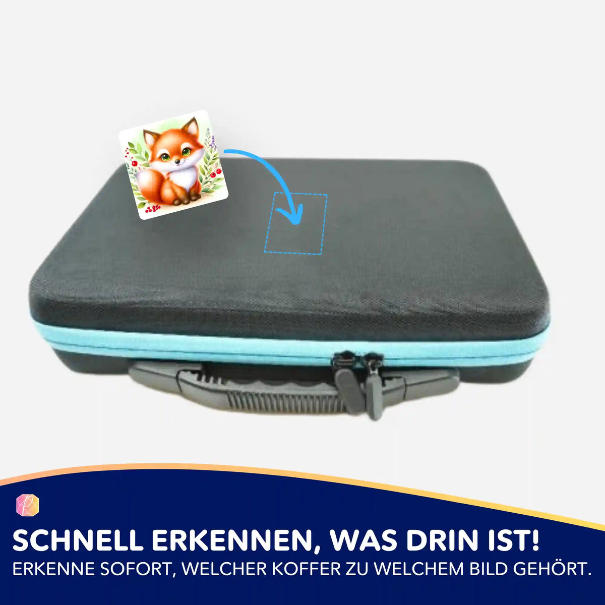 Freddy Füchschen Sticker zur Kennzeichnung eines schwarzen Diamond Painting Koffers für mehr Ordnung beim Basteln