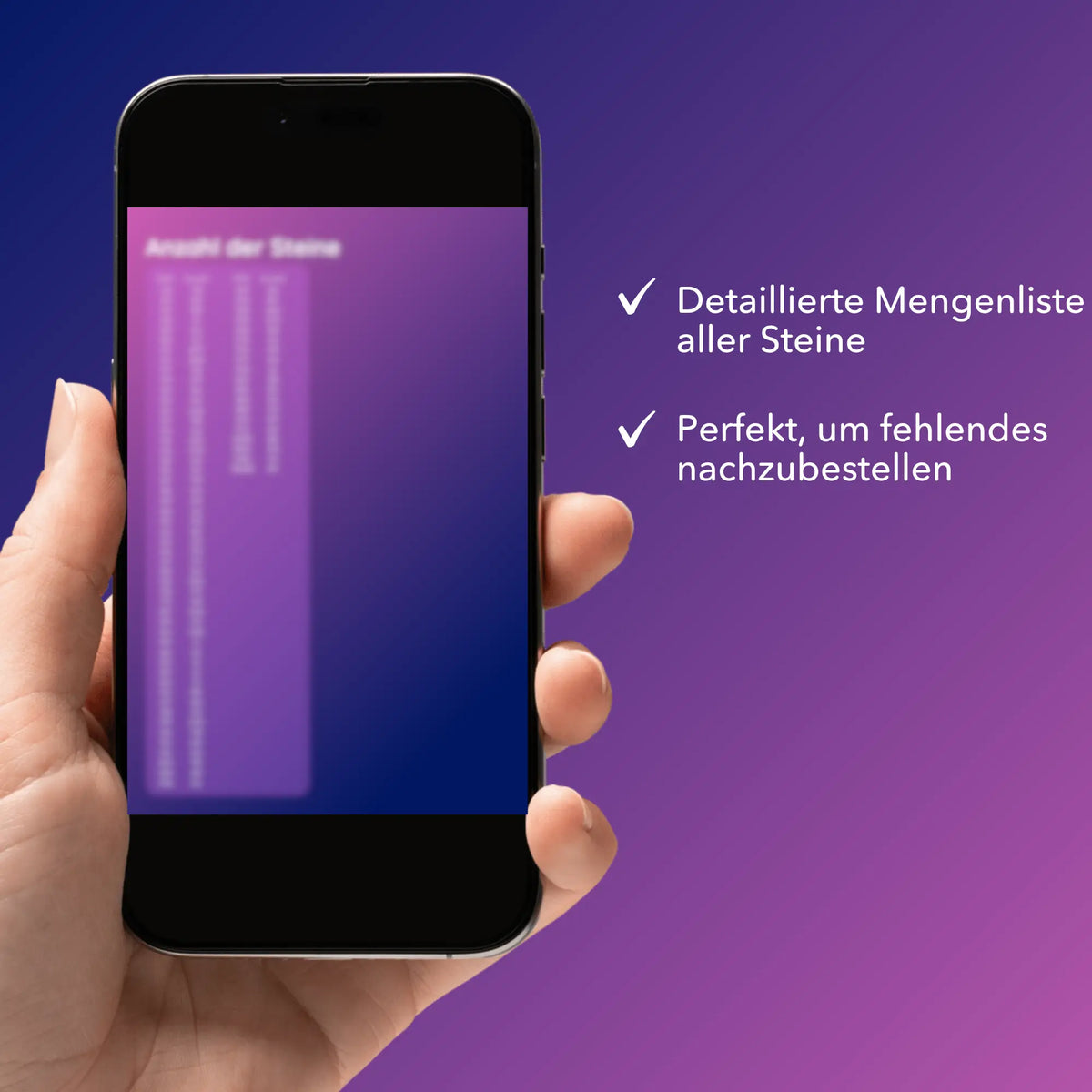 Digitale Diamond Painting Bildmappe auf Smartphone mit Mengenliste für Steine zur einfachen Nachbestellung