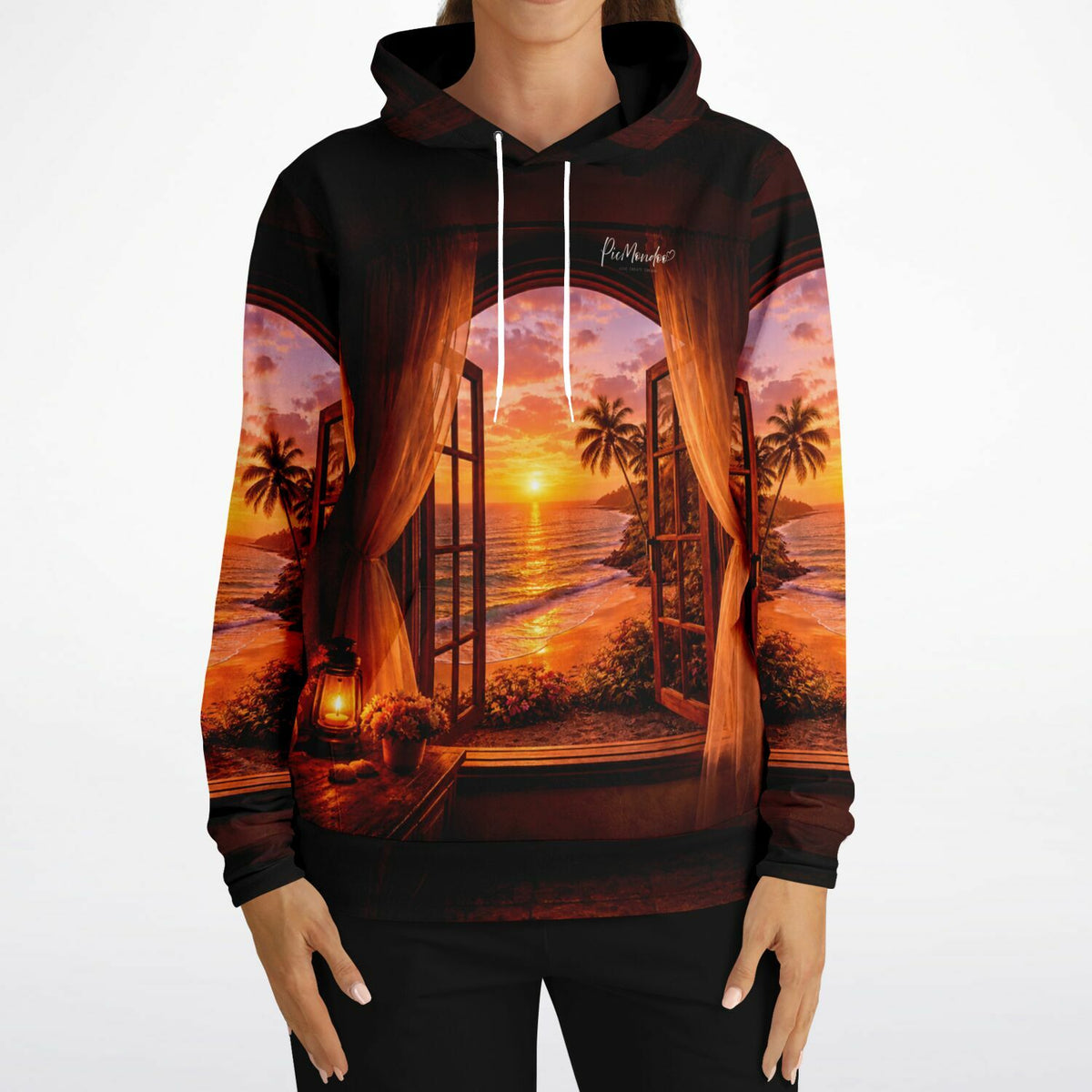 Dreamer Hoodie Goldene Stille mit tropischem Sonnenuntergang am Meer, Design inspiriert durch Diamond Painting Motive