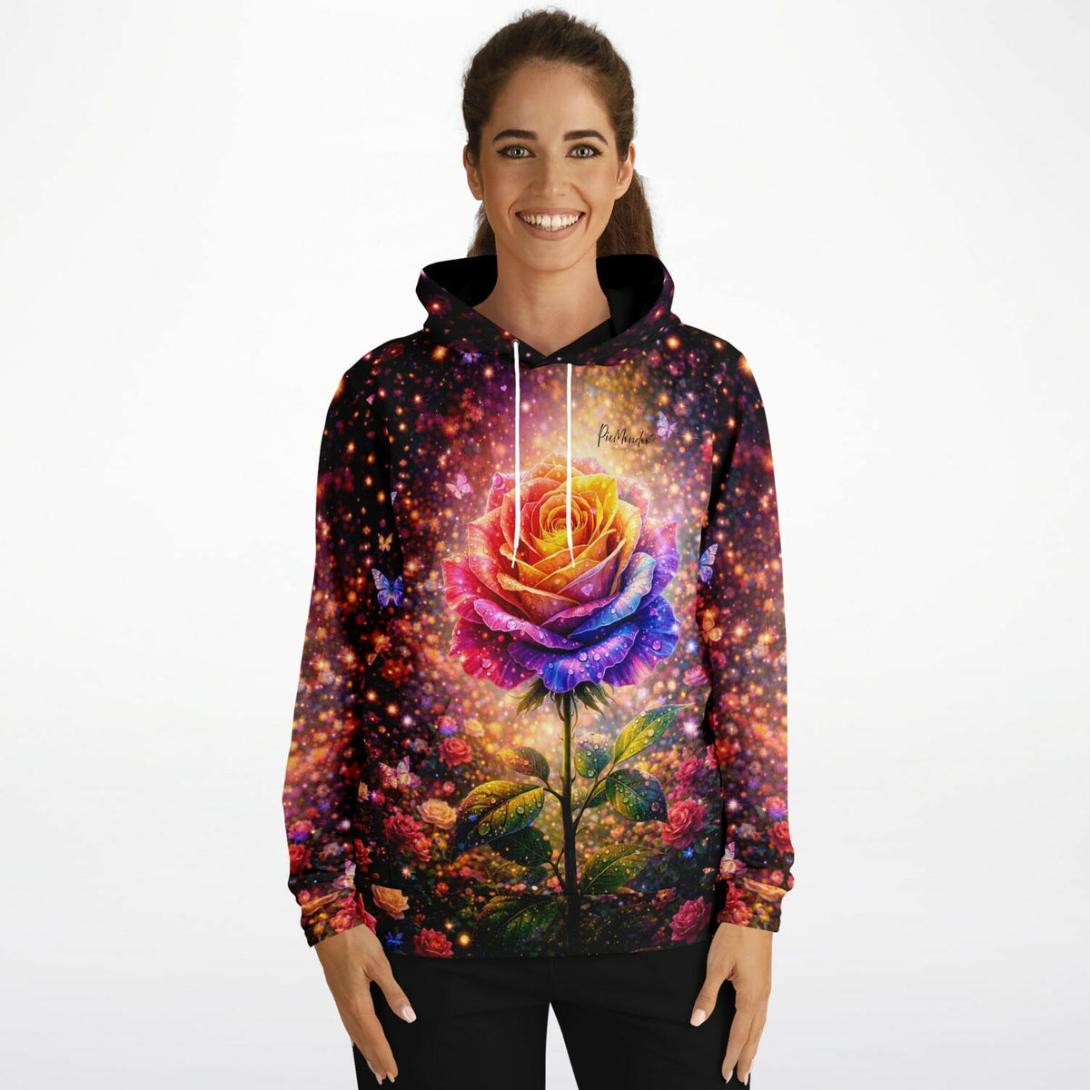 Dreamer Hoodie Elythra mit leuchtendem Regenbogen-Rosen-Motiv im Stil unserer Diamond Painting und Malen nach Zahlen Kunst