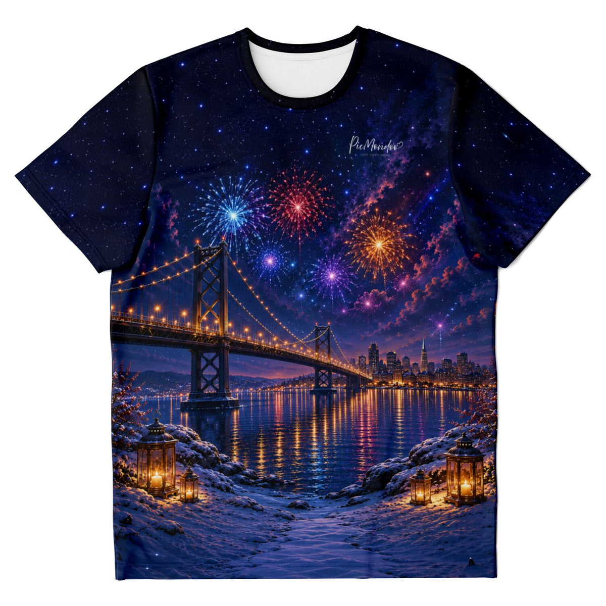 T-Shirt mit Diamond Painting Motiv: Brücke bei Nacht, Feuerwerk und leuchtende Laternen im Schnee für Fans kreativer DIY-Art