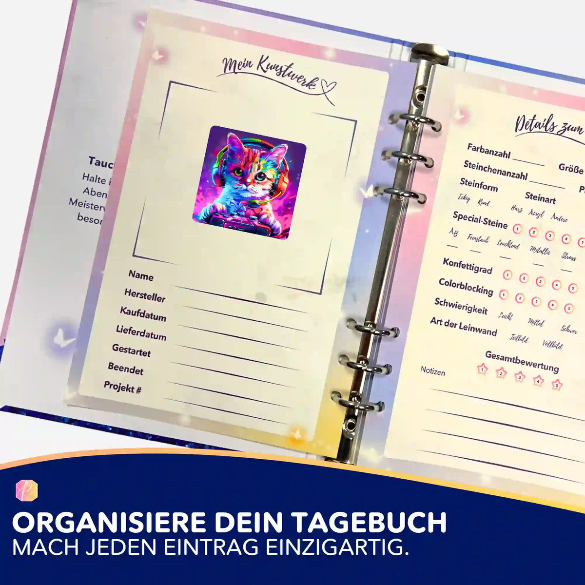 Colorful Gaming Cat Sticker in einem Diamond Painting Tagebuch zur Organisation deiner DIY Kunstwerke und Diamond Paintings.