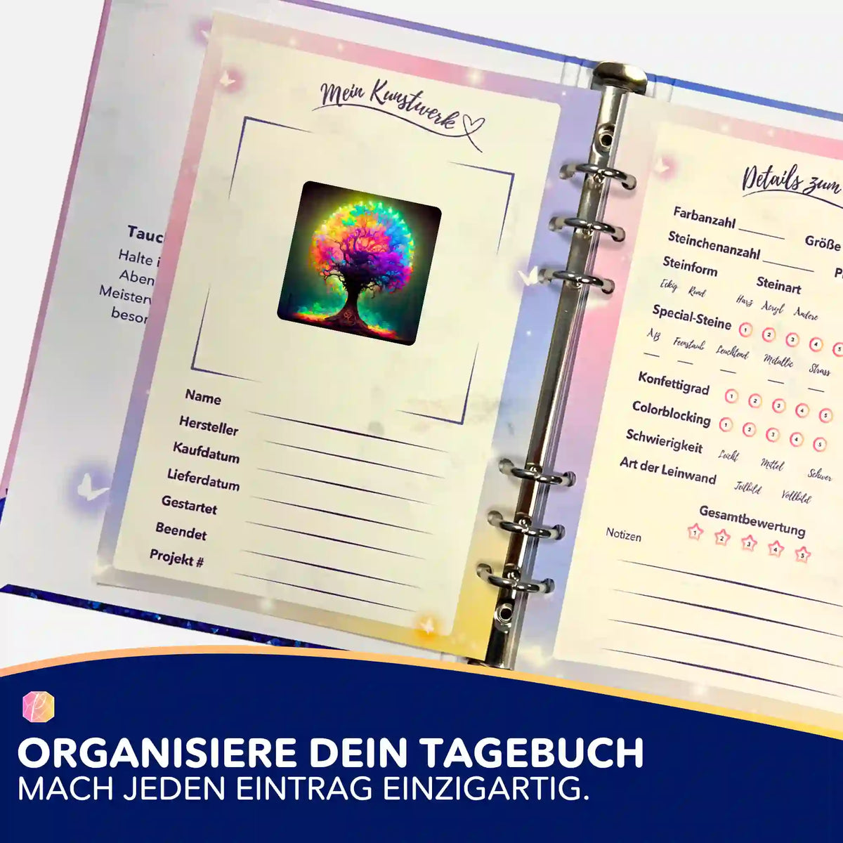 Picmondoo Diamond Painting Aufkleber Colorful Lightning Tree in einem DIY Tagebuch zur Organisation von Bastelprojekten