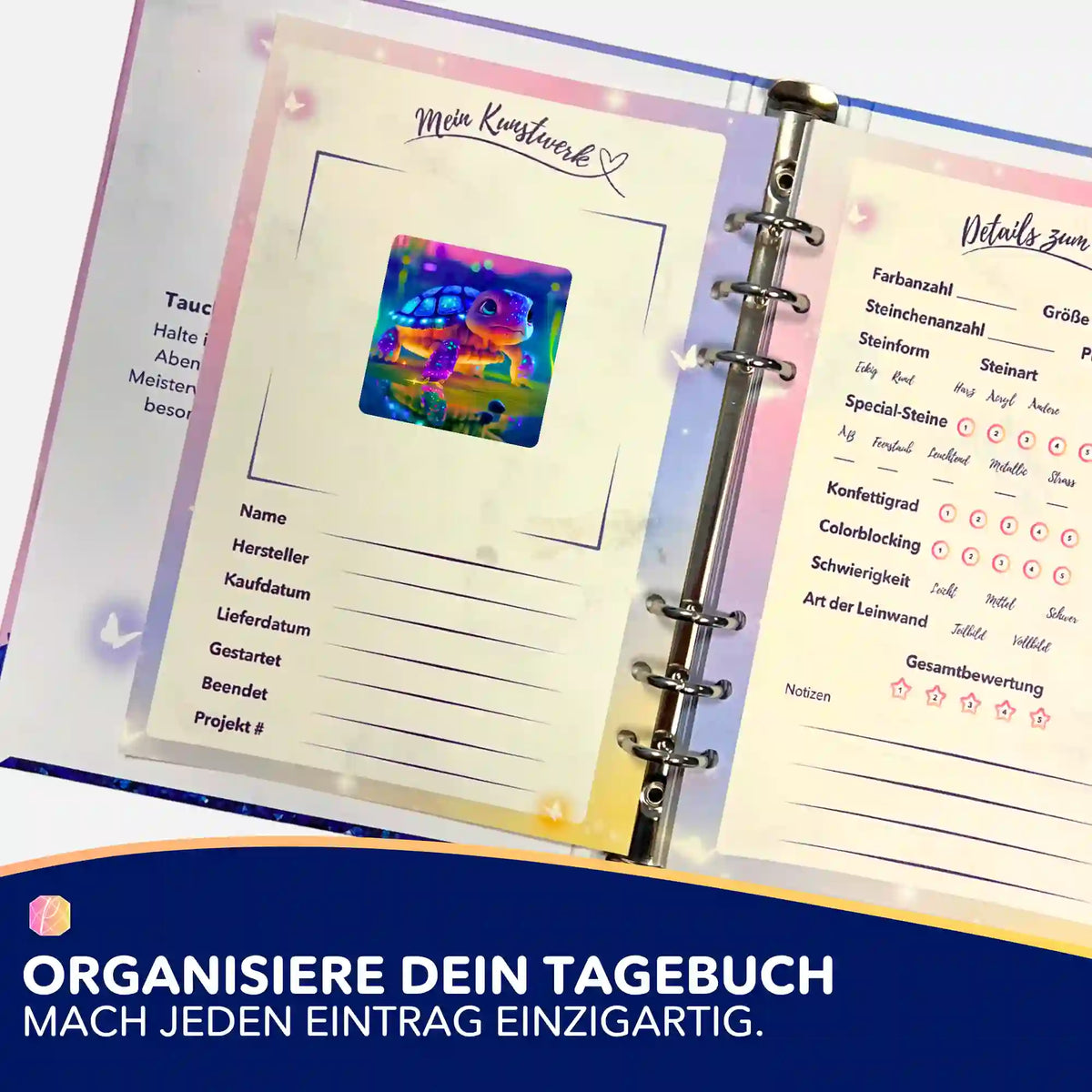 Sparkling Turtle Sticker im Picmondoo Diamond Painting Tagebuch zur Organisation von DIY-Kunstwerken und Projektdetails