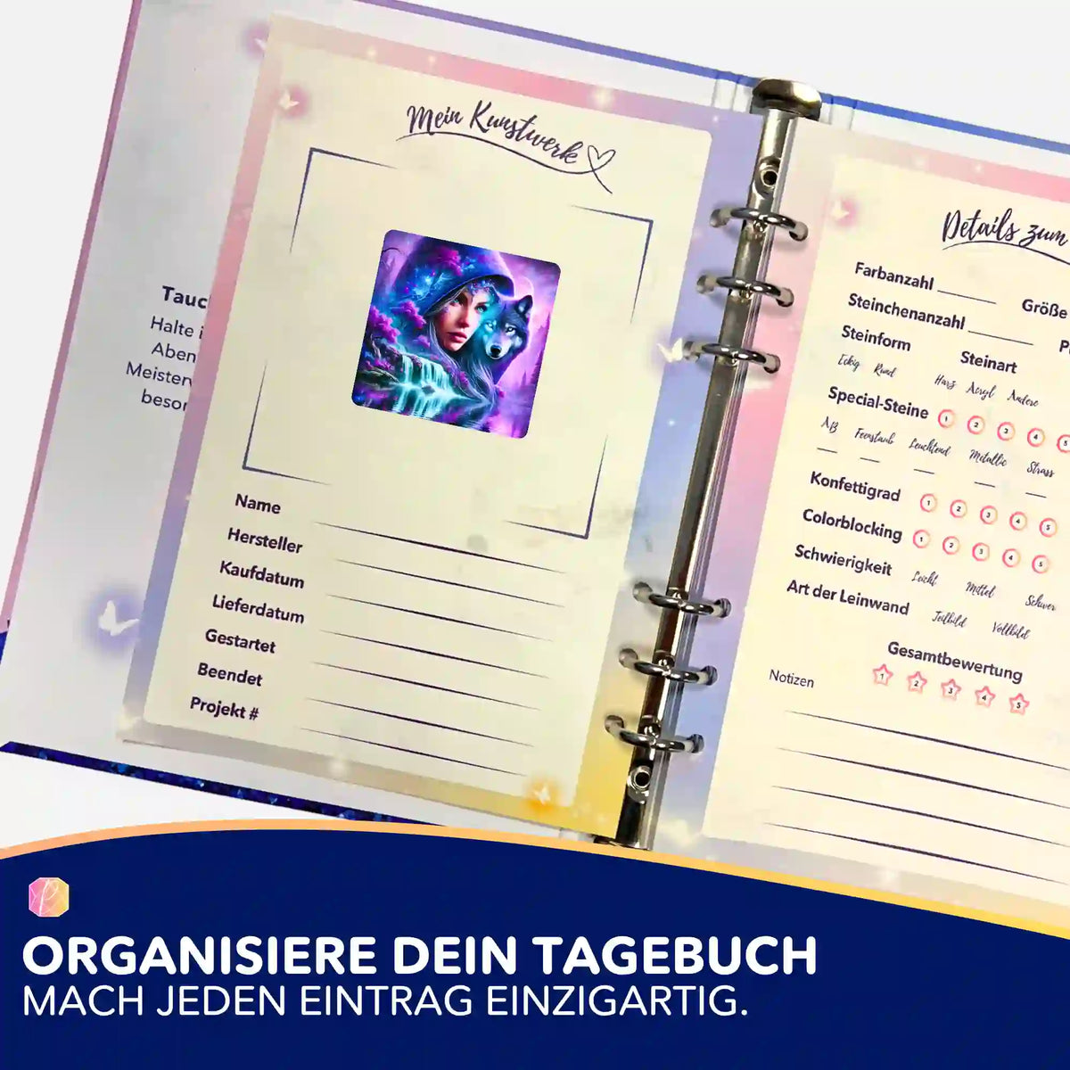 Picmondoo Sticker-Set zur Organisation von Diamond Painting Projekten mit Eleonora and the Wolf Motiv im Tagebuch