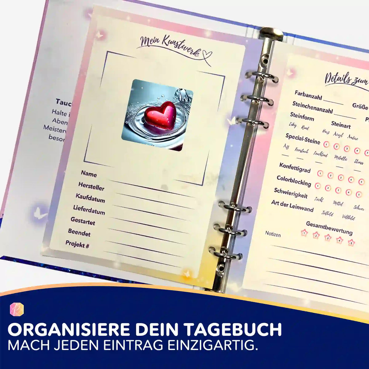 Picmondoo Diamond Painting Tagebuch mit Waterheart Aufkleber zur Organisation von Kunstwerken und Leinwand-Details