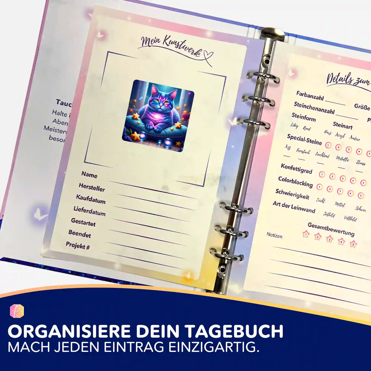Buntes Katzen-Sticker-Set für dein Diamond Painting Tagebuch zur Organisation deiner Kunstwerke und Projekte