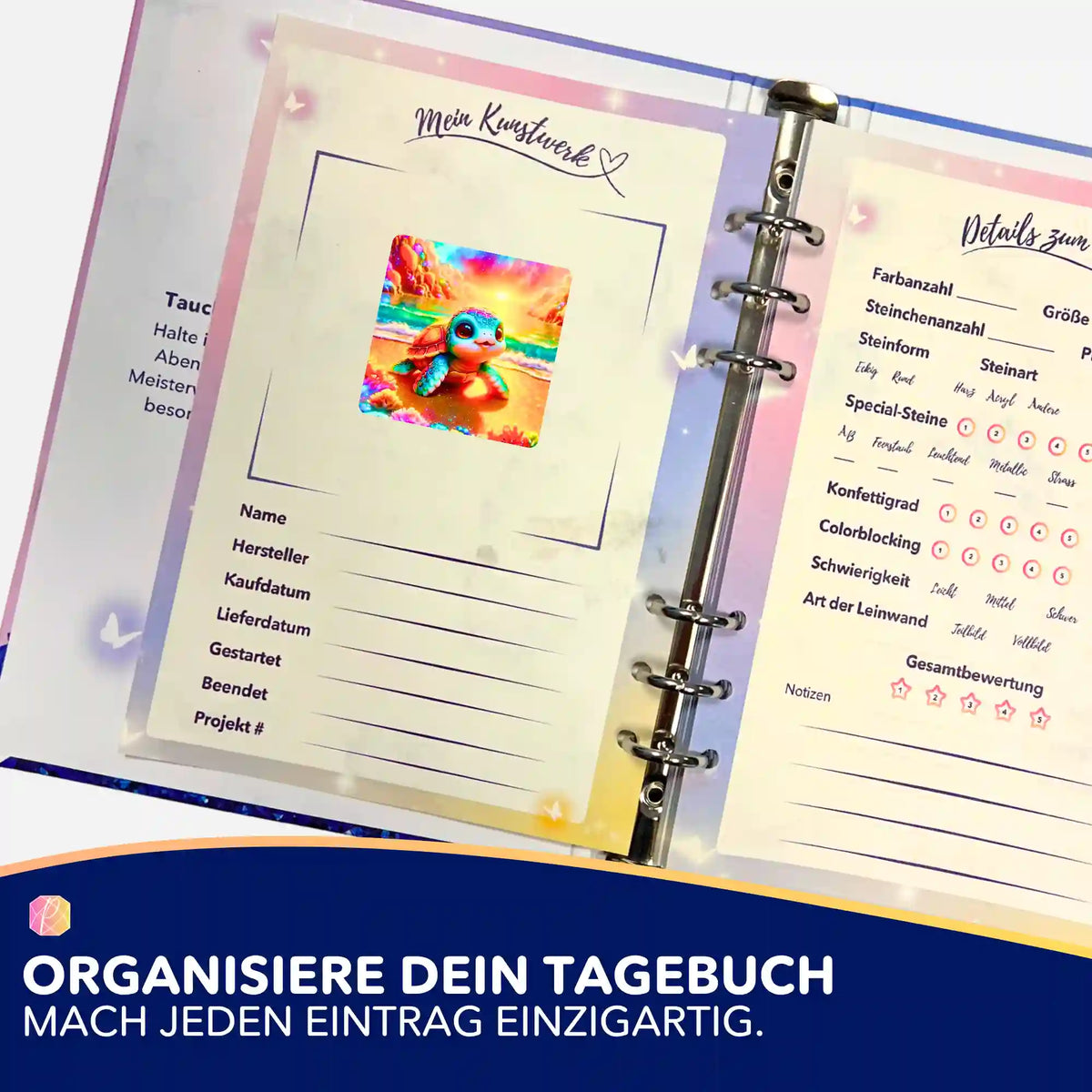 Schildkröte Aufkleber in Diamond Painting Zubehör Tagebuch zur Organisation deiner Kunstwerke und Diamanten Painting Projekte