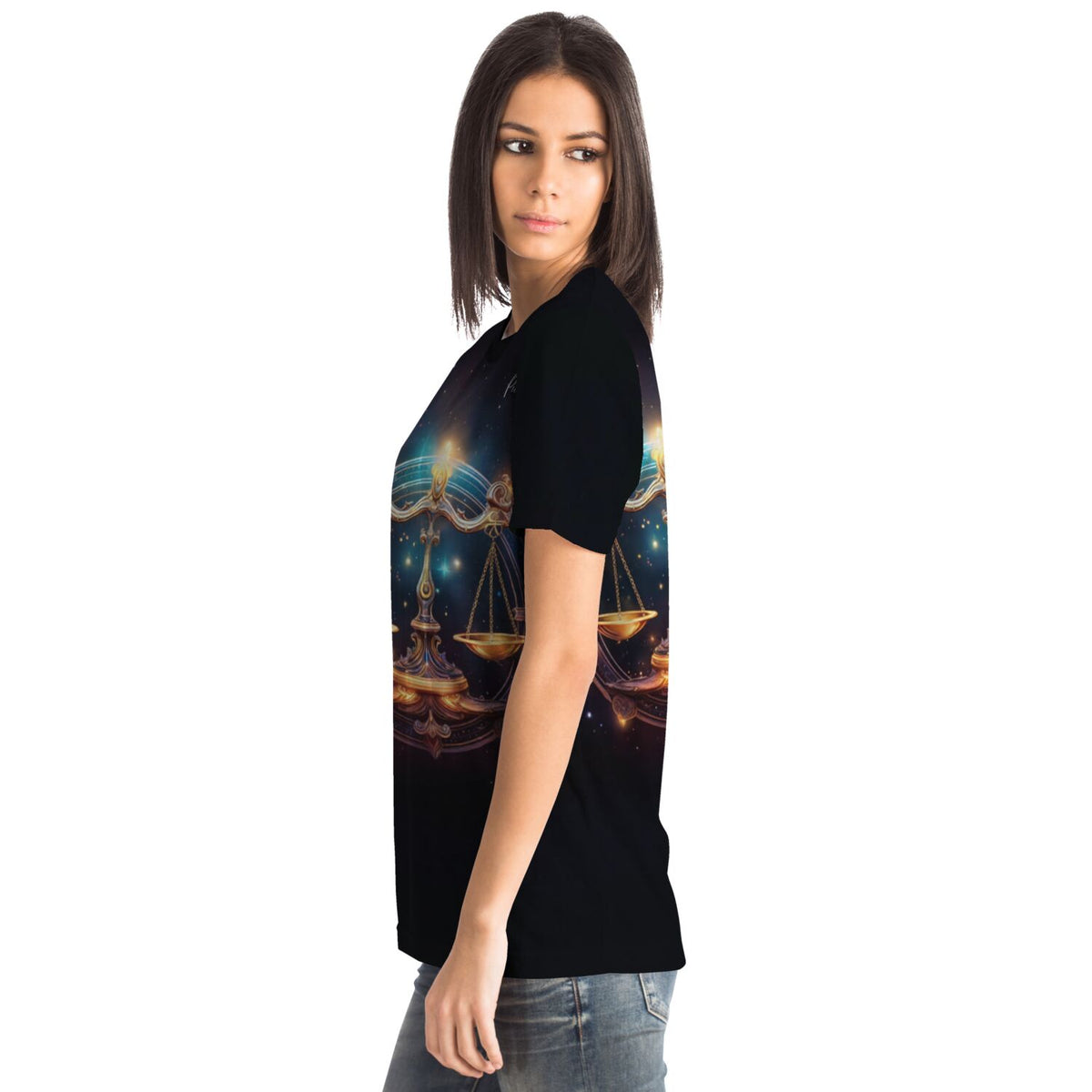 Schwarzes T-Shirt mit Sternzeichen Waage Motiv im Stil von Diamond Painting und Malen nach Zahlen Kunst