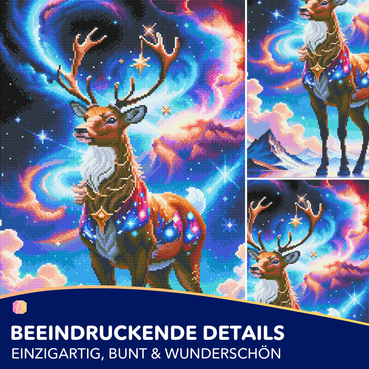Diamond Painting Set Rentier: Buntes Fantasy-Motiv mit leuchtenden Steinen vor einem magischen Sternenhimmel in 40x60cm.
