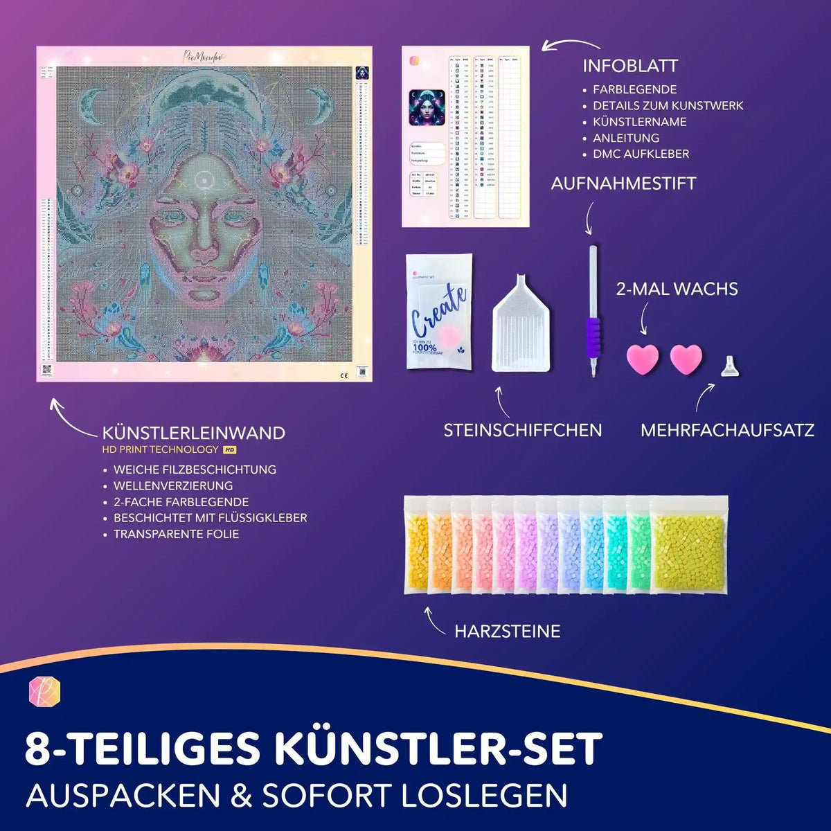 Diamond Painting Set Mondprinzessin mit glitzernden Steinen, Leinwand, Werkzeug und farbenfrohen Harzsteinen