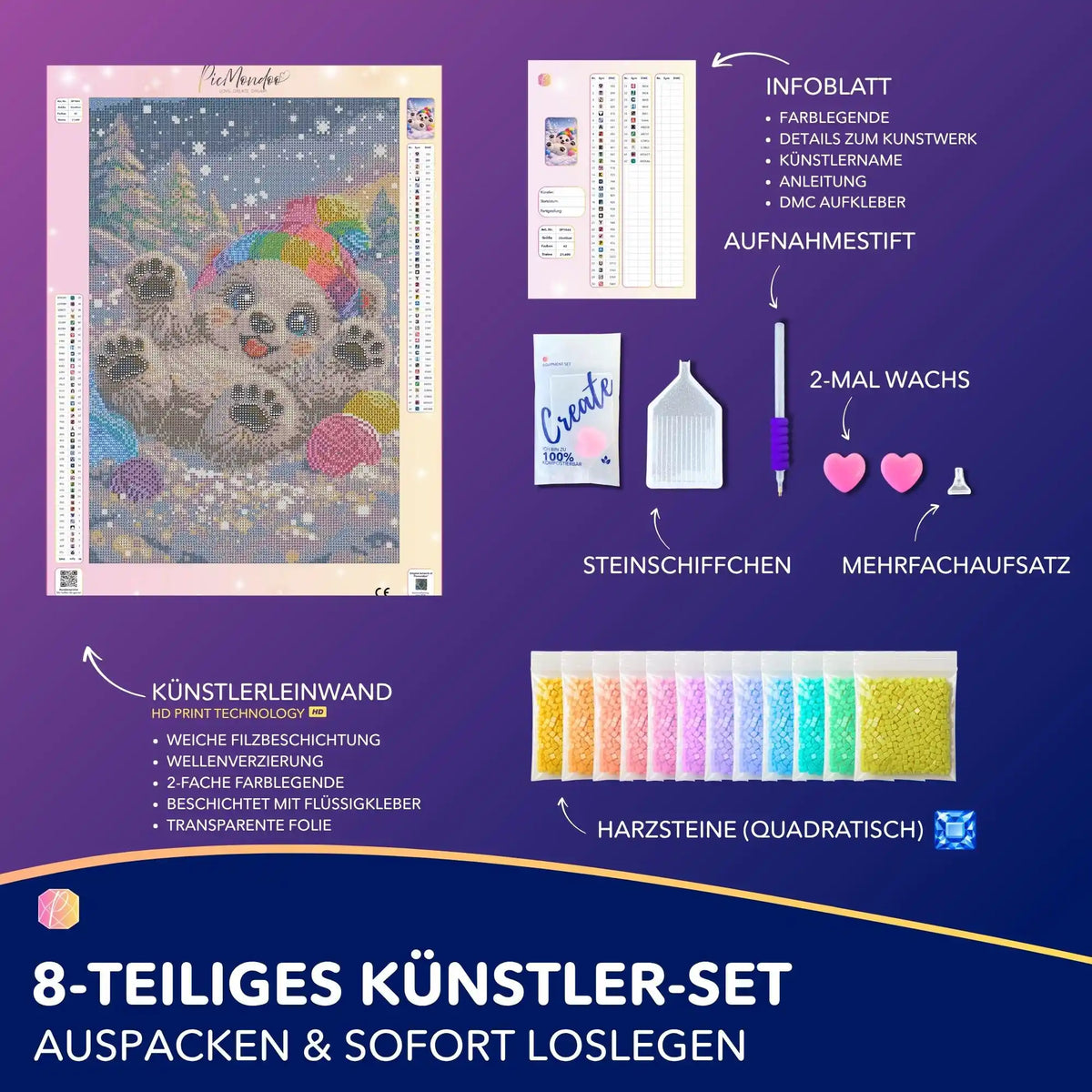 Diamond Painting Set Winterfreude mit niedlichem Bärchen im Schnee, inklusive Leinwand, quadratischen Steinen und Werkzeug.