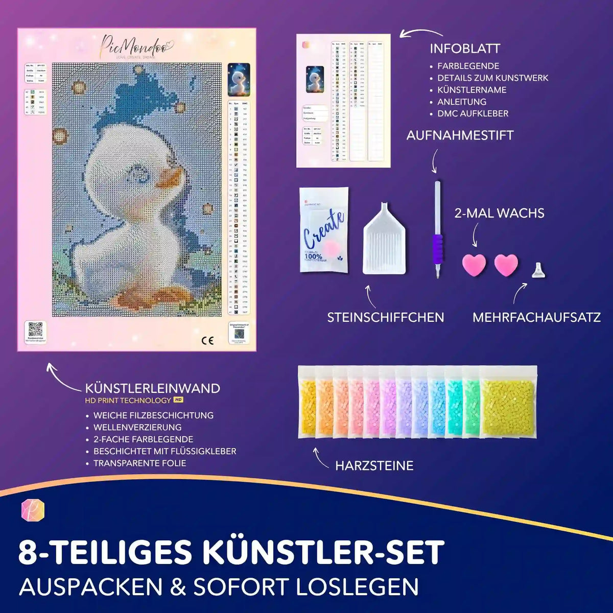 Diamond Painting Set Glitzer Entlein 20x30cm mit leuchtenden Steinen, Zubehör und Künstler-Leinwand für DIY-Kunstwerke.